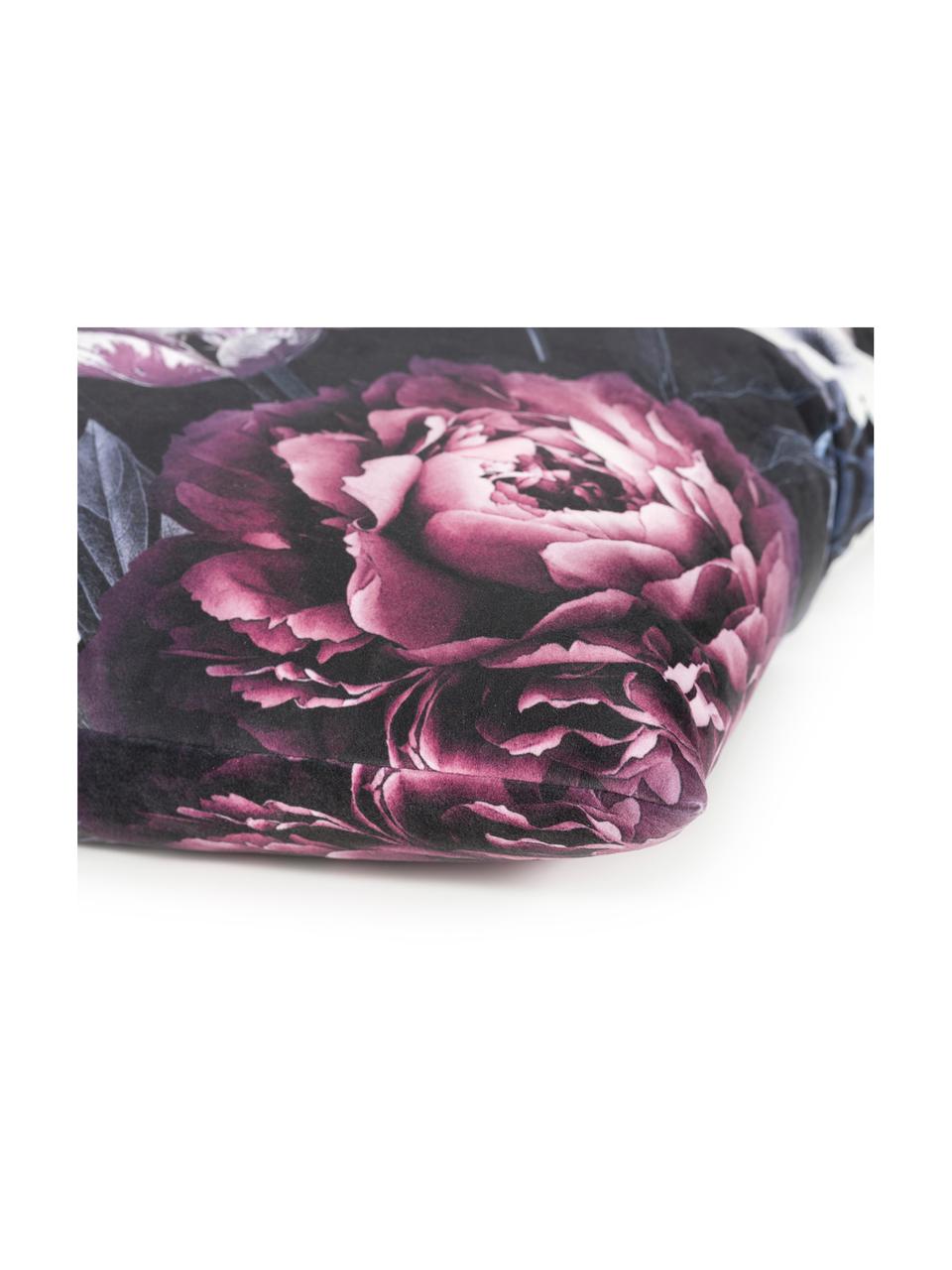 Housse de coussin en velours à imprimé floral Beverly, Noir, mauve, lilas, rose