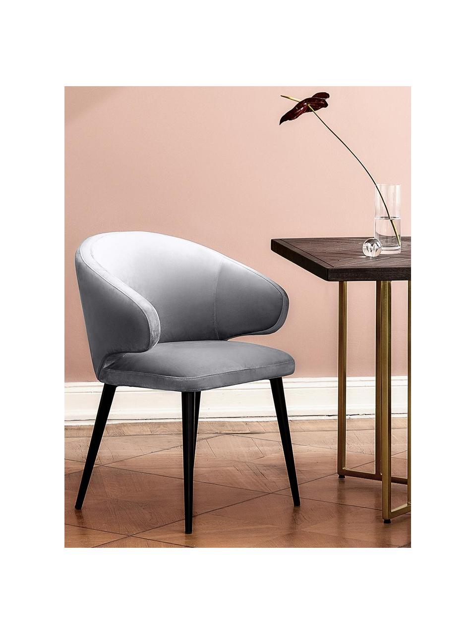 Krzesło z podłokietnikami z aksamitu Celia, Tapicerka: aksamit (poliester) Dzięk, Nogi: metal malowany proszkowo, Aksamitny stalowoszary, S 57 x G 62 cm
