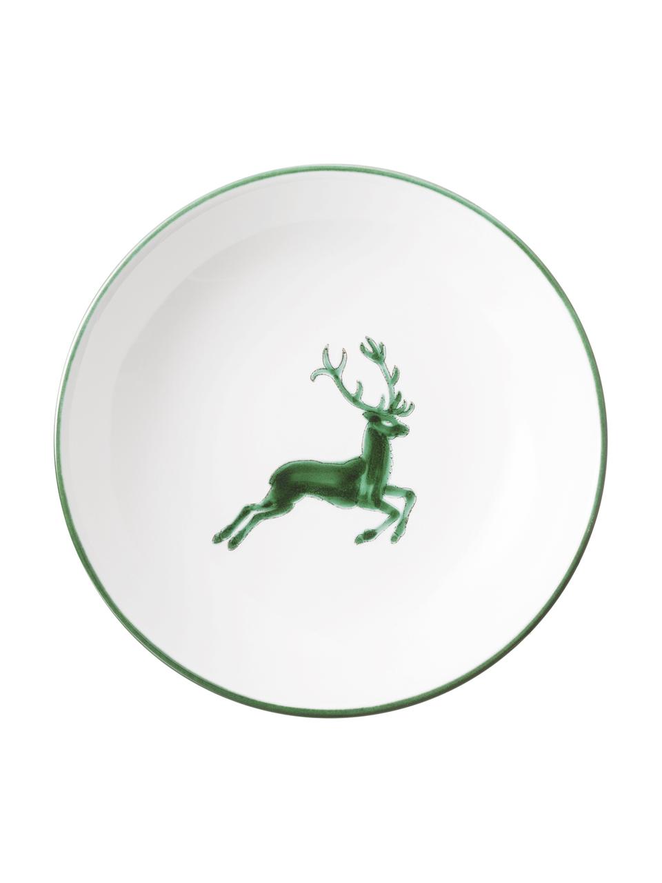 Handbeschilderd soepbord Classic Green Deer, Keramiek, Wit, groen, Ø 20 cm