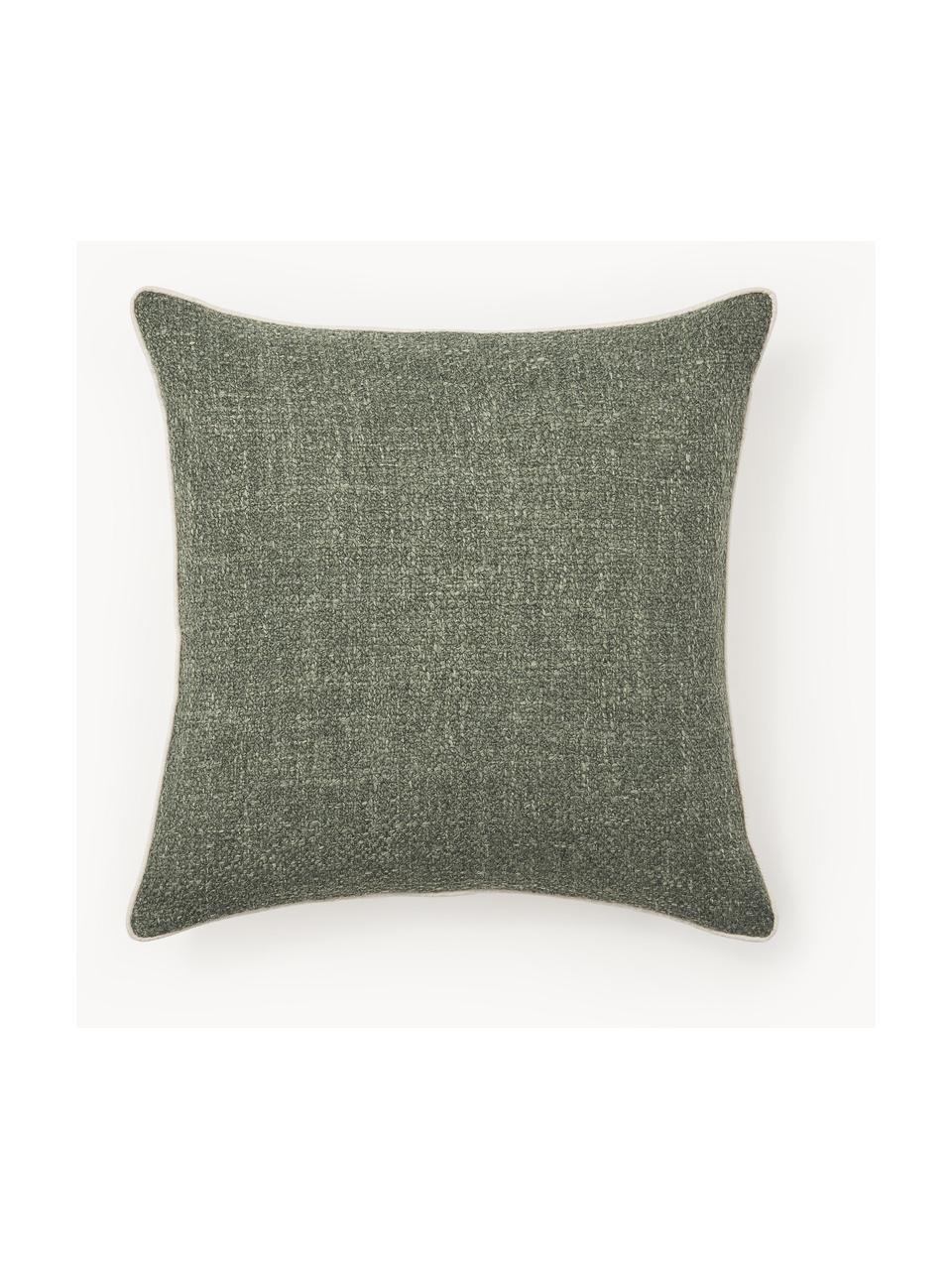 Housse de coussin 45x45 bouclé avec passepoil Aya, Vert olive, blanc crème, larg. 45 x long. 45 cm