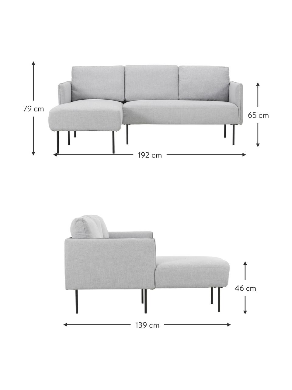 Divano angolare in tessuto grigio chiaro Ramira, Rivestimento: poliestere 40.000 cicli d, Struttura: legno di pino massiccio, , Piedini: metallo verniciato a polv, Tessuto grigio chiaro, Larg. 192 x Prof. 136 cm