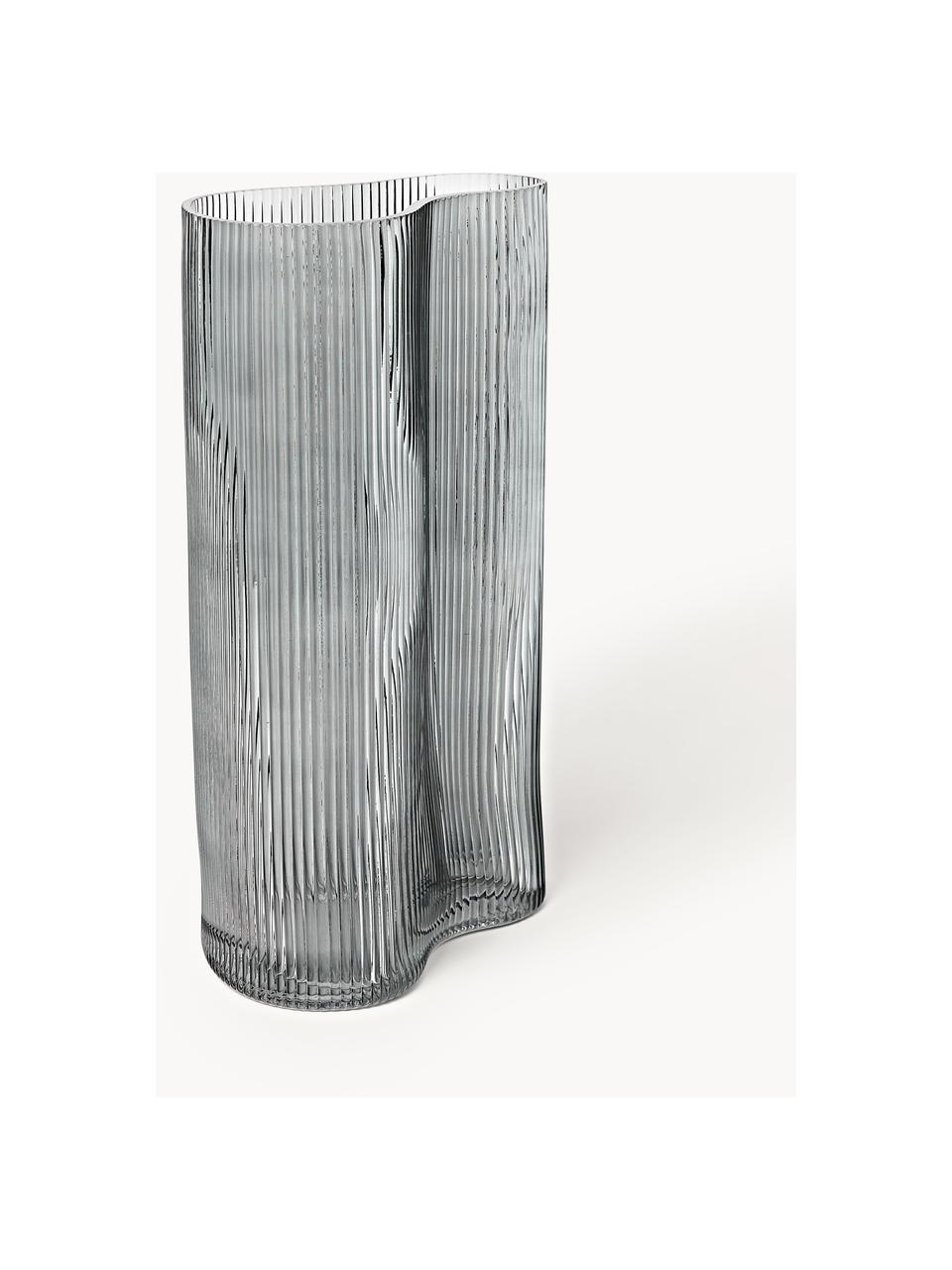 Mundgeblasene Design-Vase Dawn mit Rillenrelief, H 30 cm, Glas, Grau, B 16 x H 30 cm