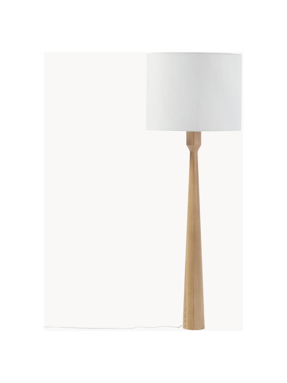 Lámpara de pie de madera de fresno Jascha, Pantalla: tejido en aspecto lino, Cable: cubierto en tela, Madera de fresno clara, blanco, Ø 50 x Al 145 cm