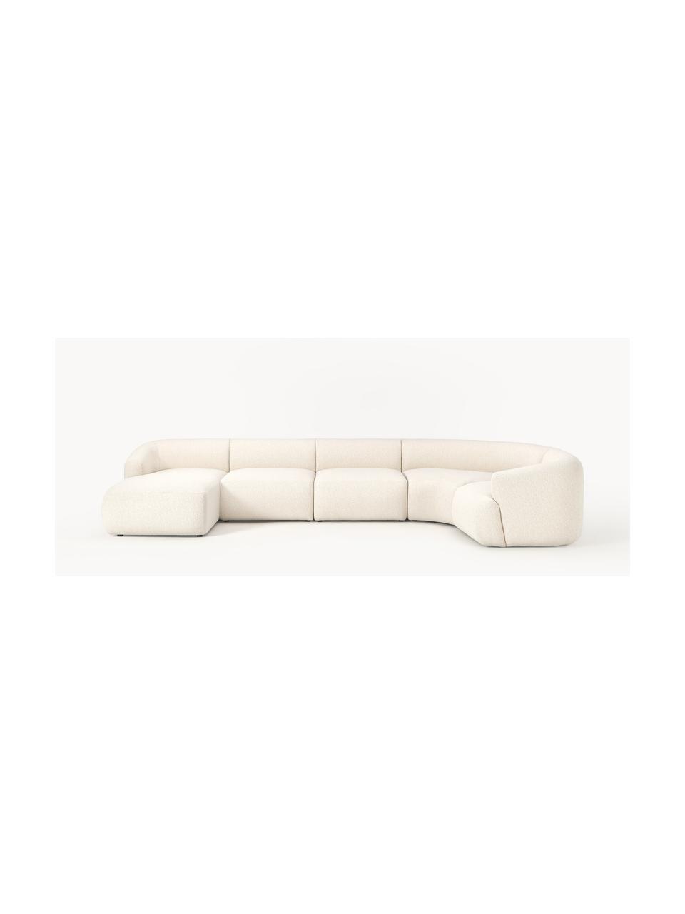 Sofá rinconera modular en tejido bouclé Sofia, Tapizado: tejido bouclé (100% polié, Estructura: madera de abeto, tablero , Patas: plástico Este producto es, Bouclé blanco Off White, An 404 x F 231 cm, chaise longue derecha