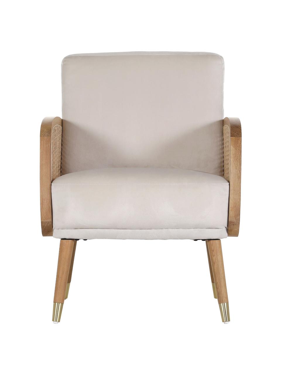 Loungesessel Hakoon mit Wiener Geflecht in Beige, Bezug: 100% Polyester, Armlehnen: Holz, Rattan, Füße: Holz, Beige, Gebrochenes Weiß, B 64 x T 75 cm