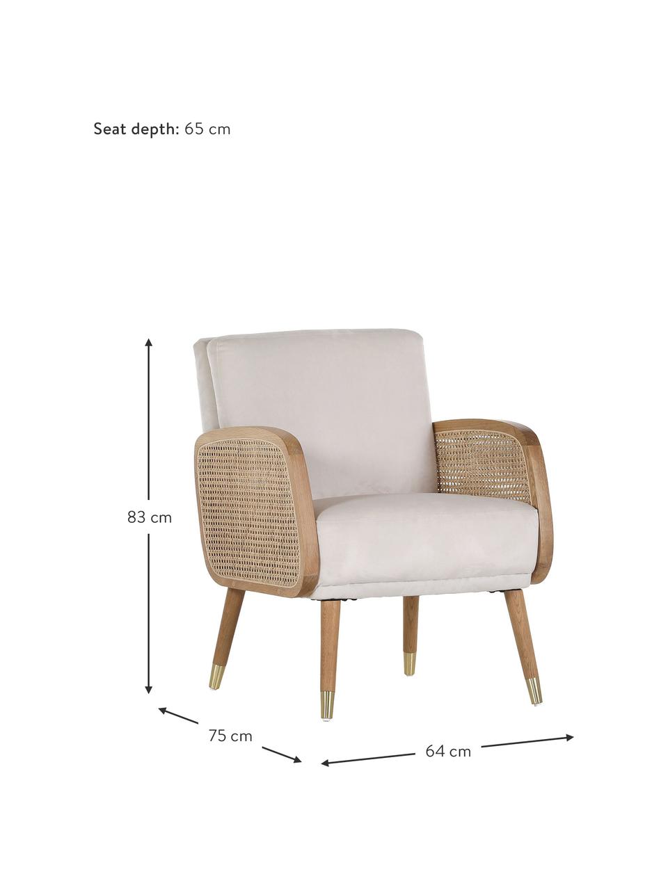 Sillón con tejido vienés Hakoon, Tapizado: 100% poliéster, Reposabrazos: madera, ratán, Patas: madera, Beige, blanco crudo, An 64 x F 75 cm