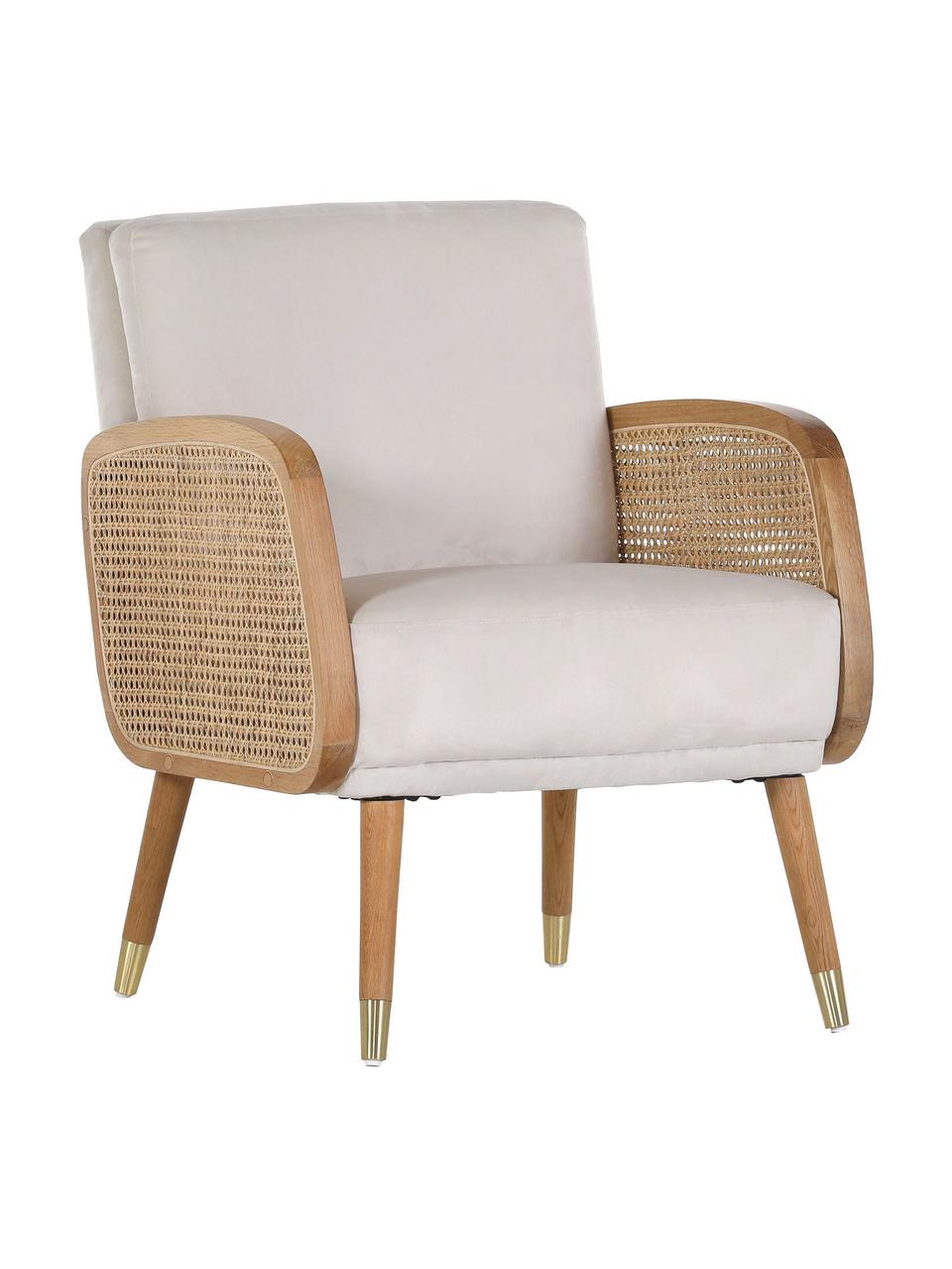 Loungesessel Hakoon mit Wiener Geflecht in Beige, Bezug: 100% Polyester, Armlehnen: Holz, Rattan, Füße: Holz, Beige, Gebrochenes Weiß, B 64 x T 75 cm