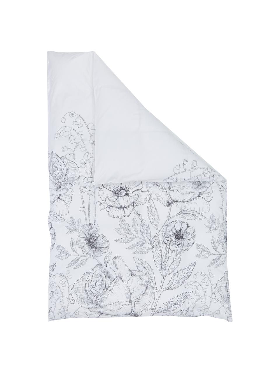 Baumwollperkal-Bettwäsche Keno mit Blumenprint, Webart: Perkal Fadendichte 180 TC, Weiß, Grau, 135 x 200 cm + 1 Kissen 80 x 80 cm