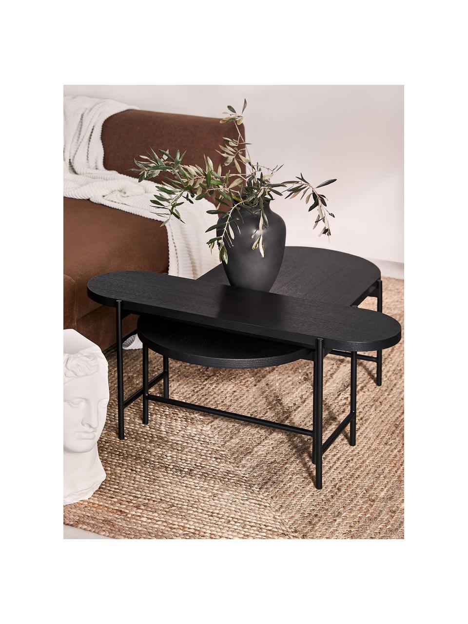 Table basse noire avec plateau en bois Mica, 2 élém., Plateau : placage en bois de chêne, laqué noir Pieds : noir, mat