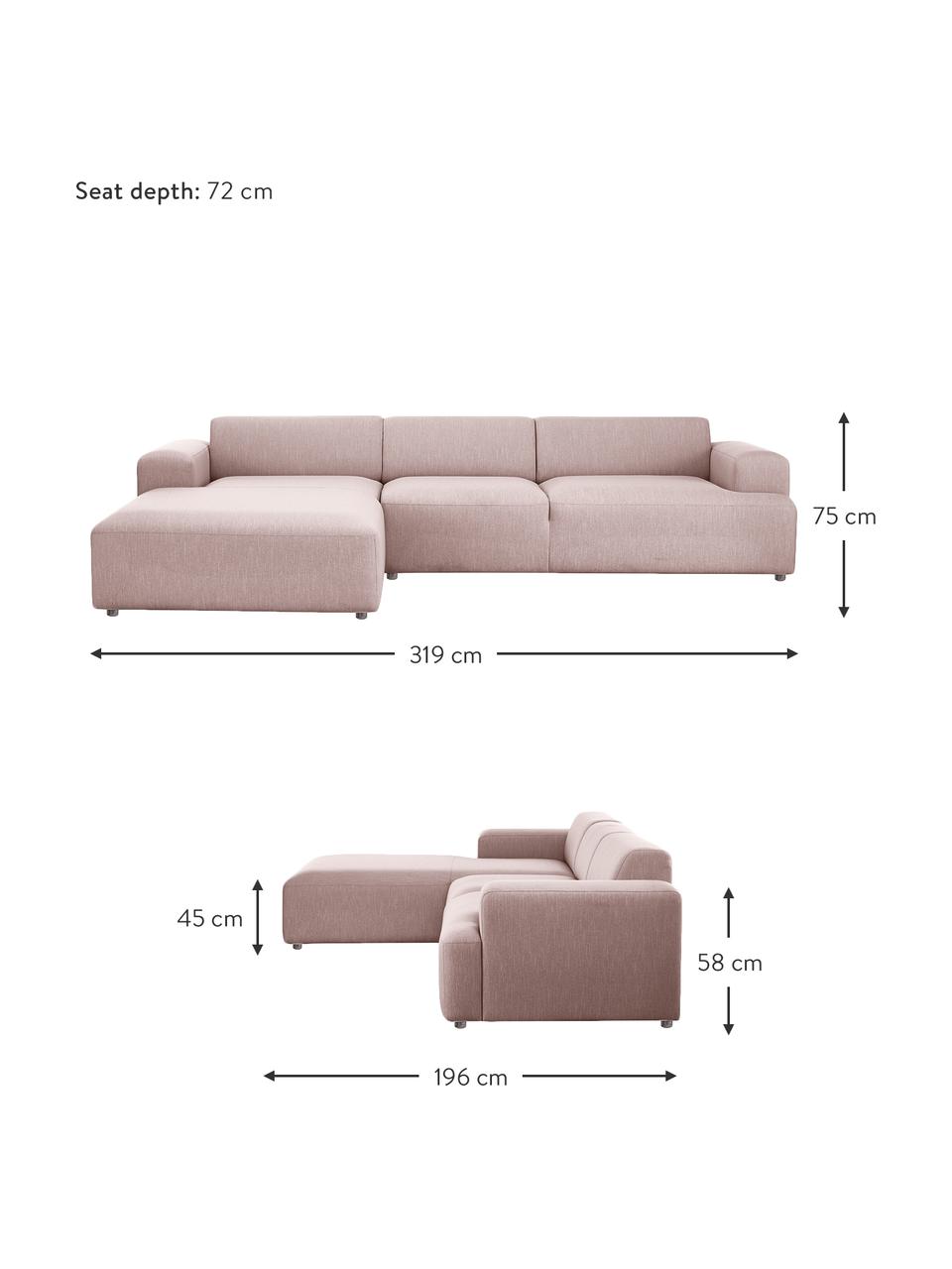 Divano angolare 4 posti Melva, Rivestimento: 100% poliestre Il rivesti, Struttura: pino massiccio, certifica, Tessuto rosa chiaro, Larg. 319 x Alt. 196 cm, chaise-longue a destra