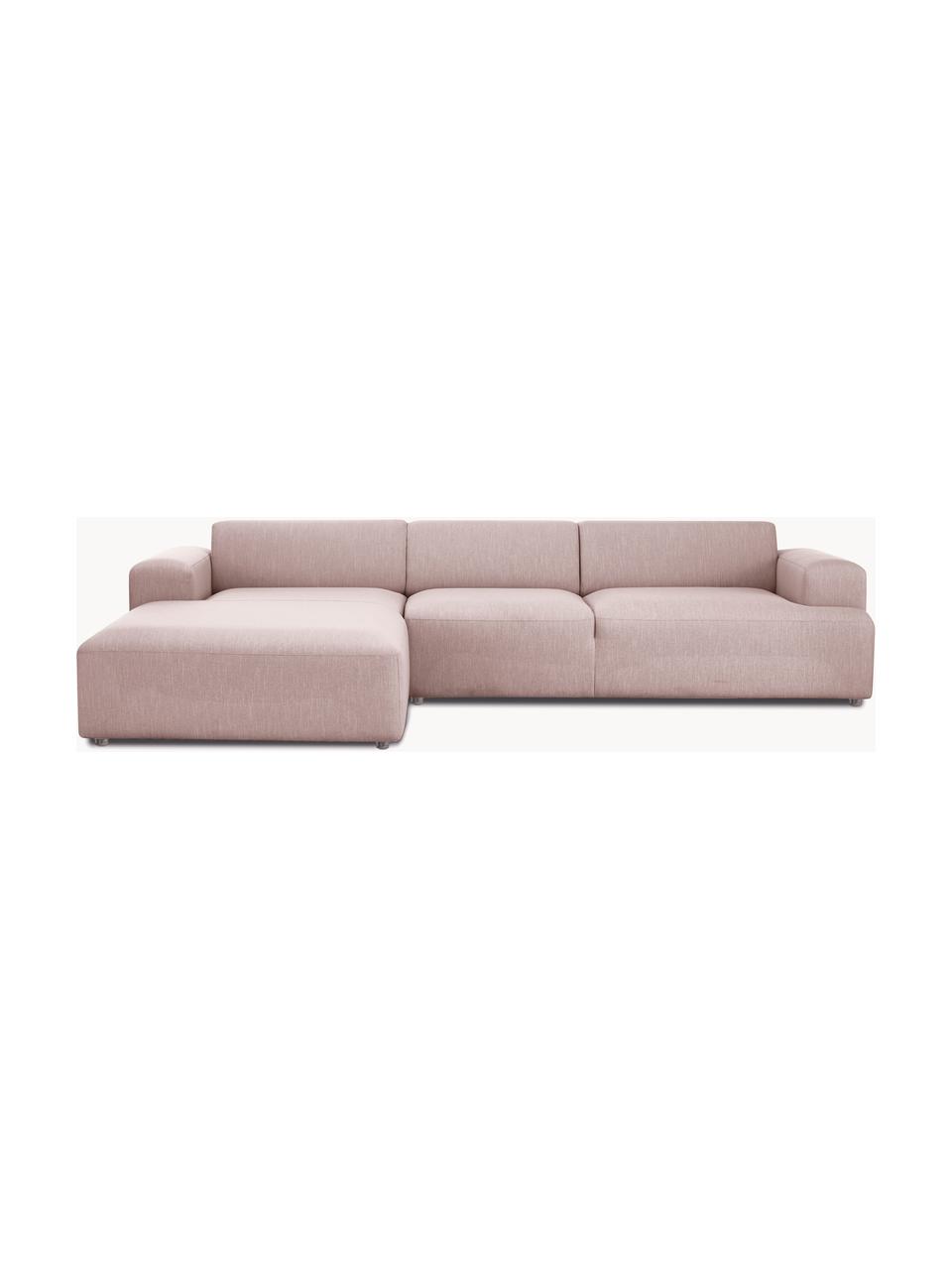 Divano angolare 4 posti Melva, Rivestimento: 100% poliestre Il rivesti, Struttura: pino massiccio, certifica, Tessuto rosa chiaro, Larg. 319 x Alt. 196 cm, chaise-longue a destra