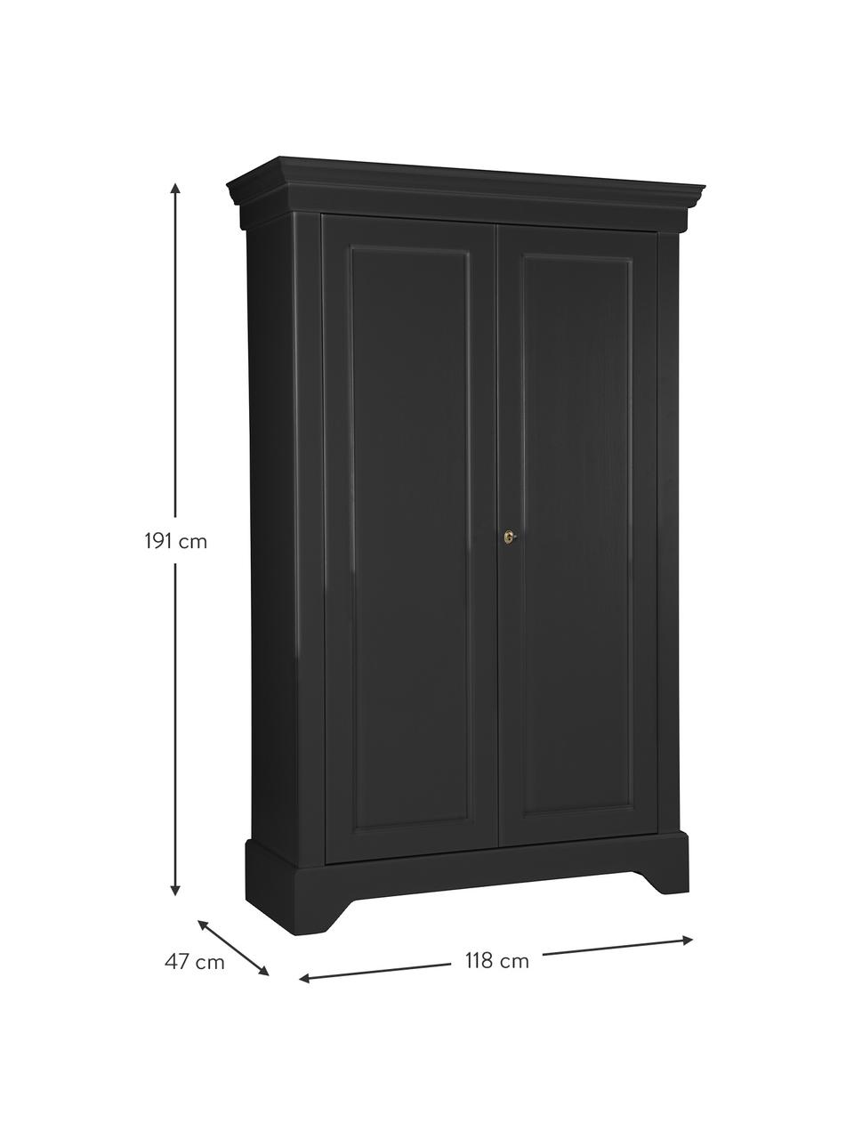 Armario de madera de pino Isabel, 2 puertas, Estructura: madera de pino, pintada, Negro, An 118 x Al 191 cm