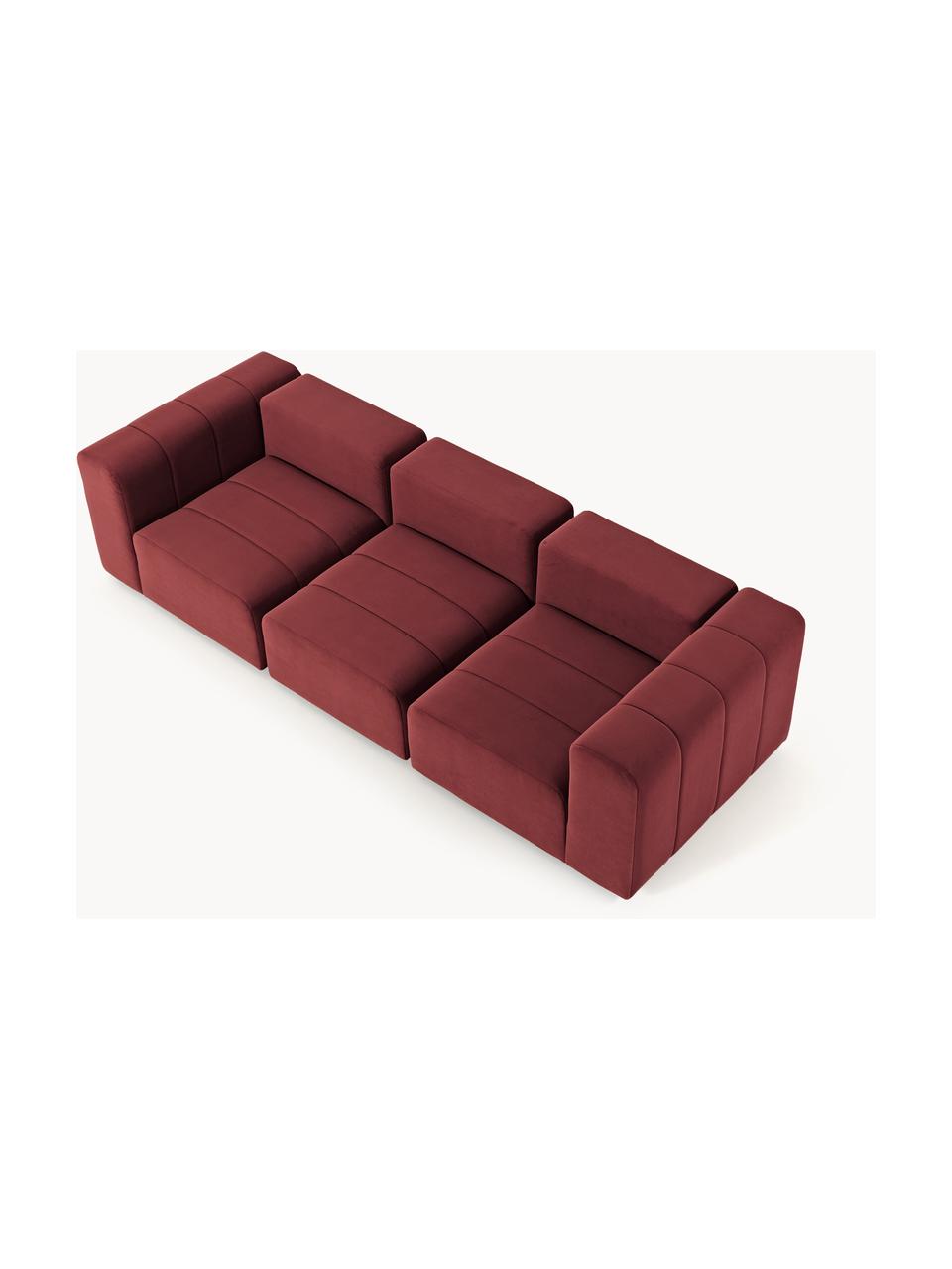 Divano componibile 4 posti in velluto Lena, Rivestimento: velluto (100% poliestere), Struttura: legno di faggio, truciola, Piedini: plastica, Velluto rosso vino, Larg. 287 x Prof. 106 cm