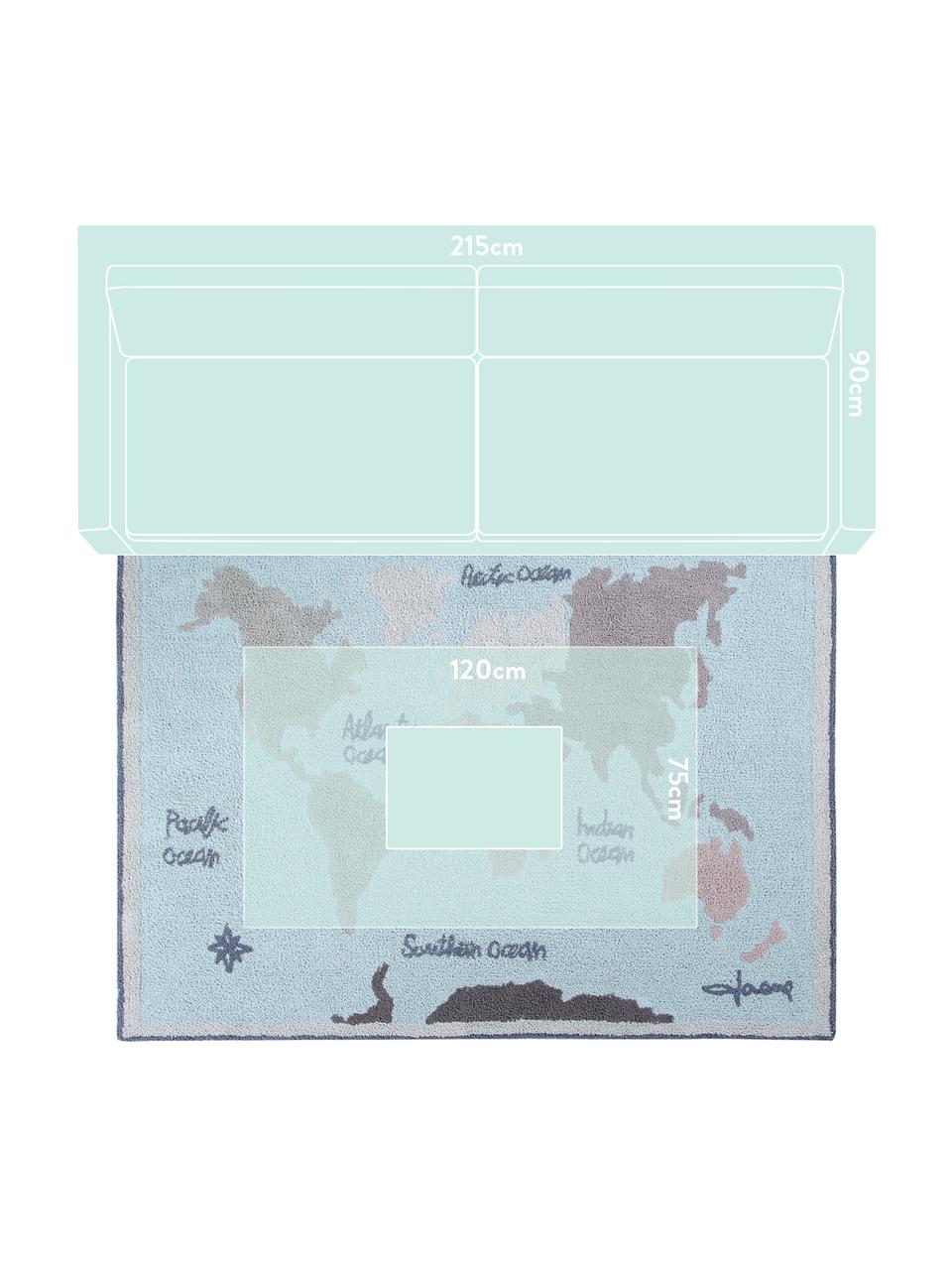 Tappeto lavabile Vintage Map, Vello: 97% cotone, 3% cotone ric, Retro: cotone riciclato, Beige, grigio, blu, Larg. 140 x Lung. 200 cm