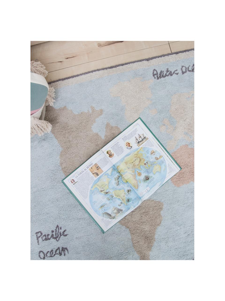 Tappeto lavabile Vintage Map, Vello: 97% cotone, 3% cotone ric, Retro: cotone riciclato, Beige, grigio, blu, Larg. 140 x Lung. 200 cm