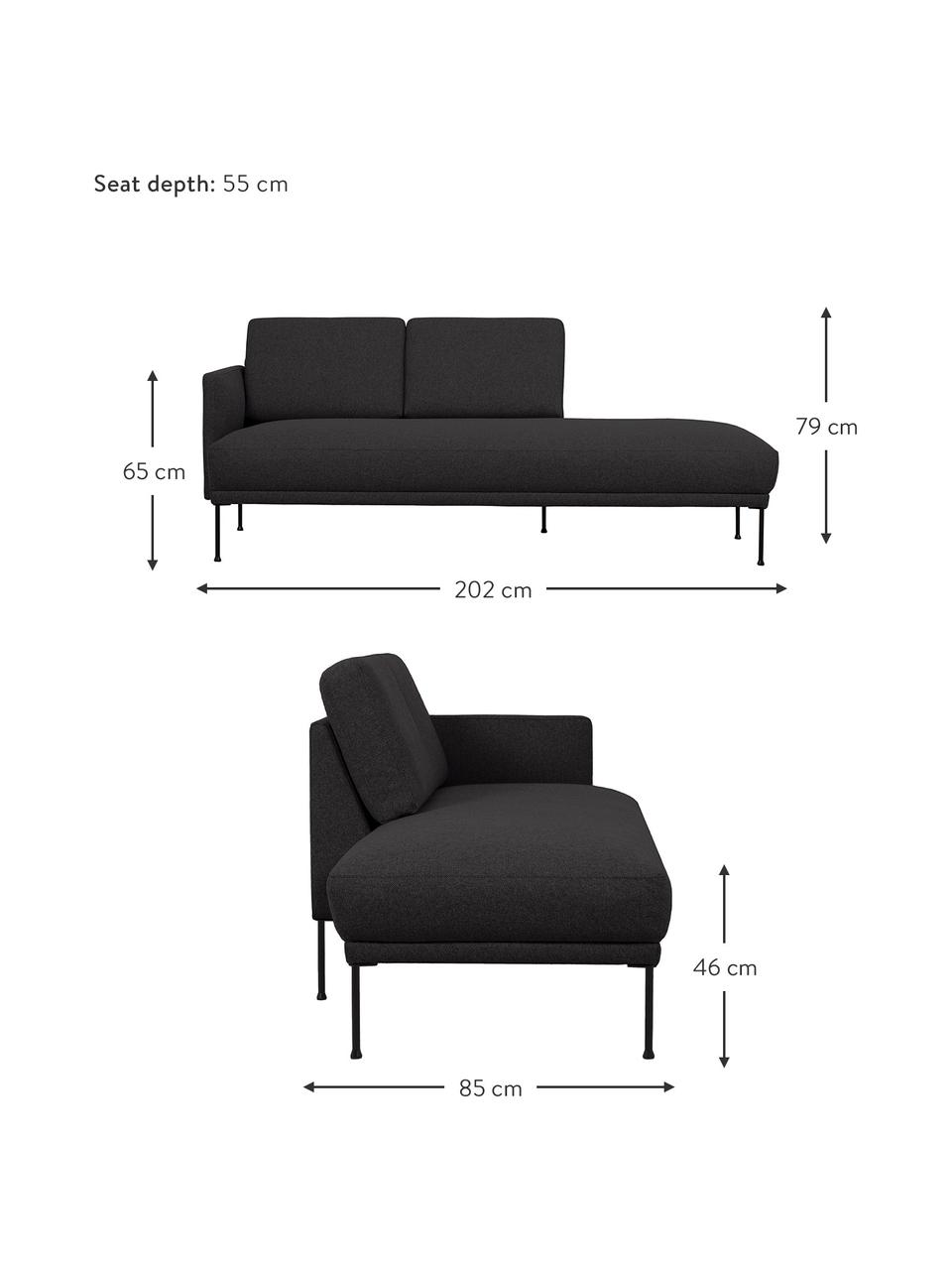 Chaise longue con piedini in metallo Fluente, Rivestimento: 100% poliestere Con 40.00, Struttura: legno di pino massiccio, Piedini: metallo verniciato a polv, Tessuto grigio scuro, Larg. 202 x Prof. 85 cm, schienale a sinistra
