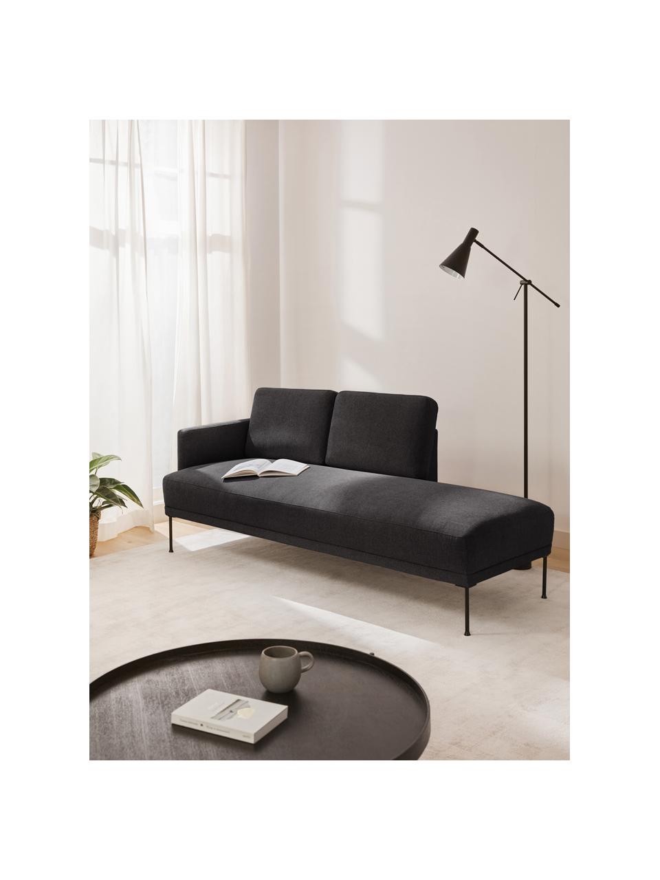 Chaise longue con piedini in metallo Fluente, Rivestimento: 100% poliestere Con 40.00, Struttura: legno di pino massiccio, Piedini: metallo verniciato a polv, Tessuto grigio scuro, Larg. 202 x Prof. 85 cm, schienale a sinistra
