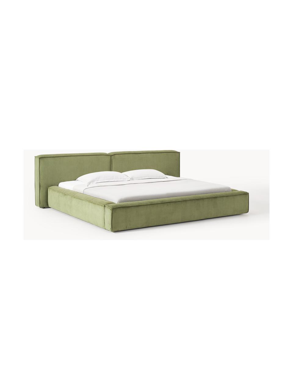 Gestoffeerd bed Lennon van corduroy met opbergfunctie, Bekleding: corduroy (98% polyester, , Frame: massief grenenhout, multi, Poten: hout, kunststof Dit produ, Corduroy olijfgroen, B 228 x L 243 cm (ligvlak 160 x 200 cm)