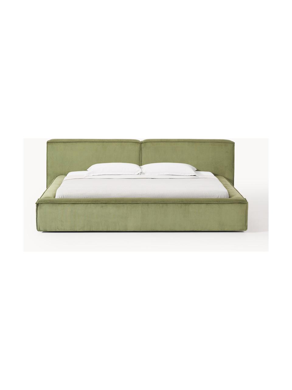Čalúnená posteľ s úložným priestorom Lennon, Menčestrová olivovozelená, Š 228 x D 243 cm (spacia plocha 160 x 200 cm)
