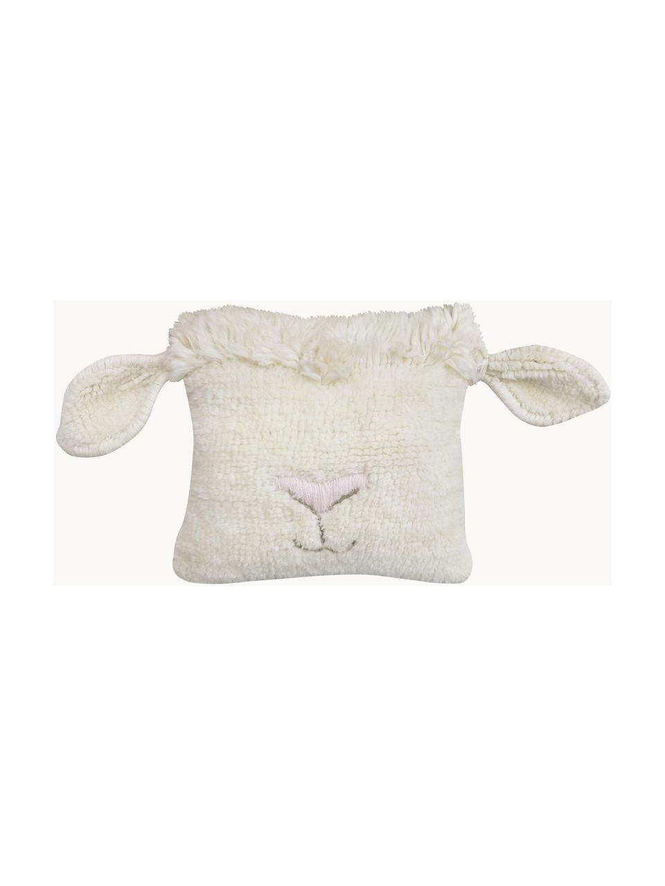 Coussin peluche en laine Sheep, Blanc cassé, rose pâle, larg. 37 x long. 34 cm