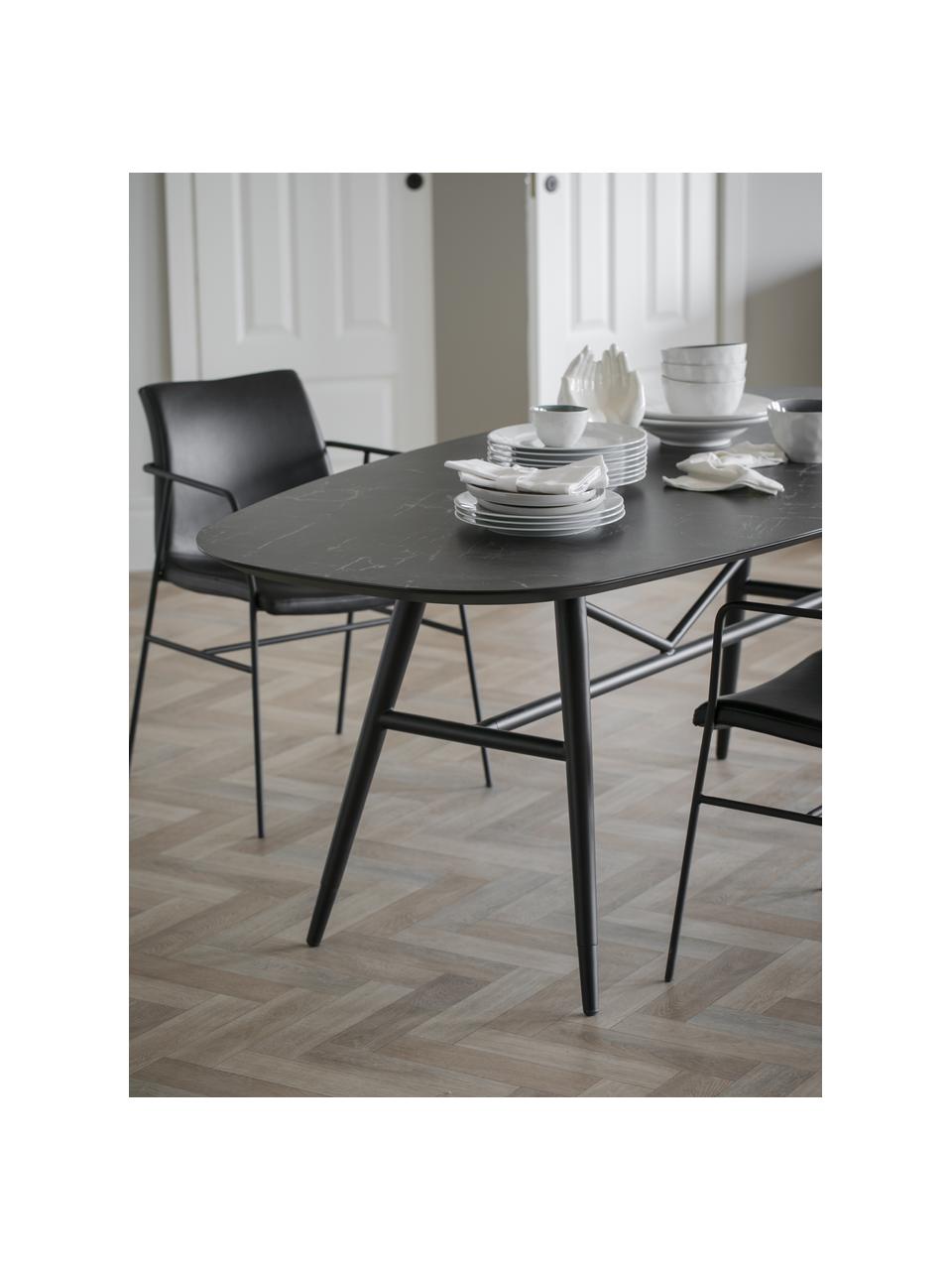 Eettafel Springdale met marmerlook, 200 x 98 cm, Tafelblad: MDF met keramisch oppervl, Poten: gepoedercoat metaal, Zwart, B 200 x D 98 cm