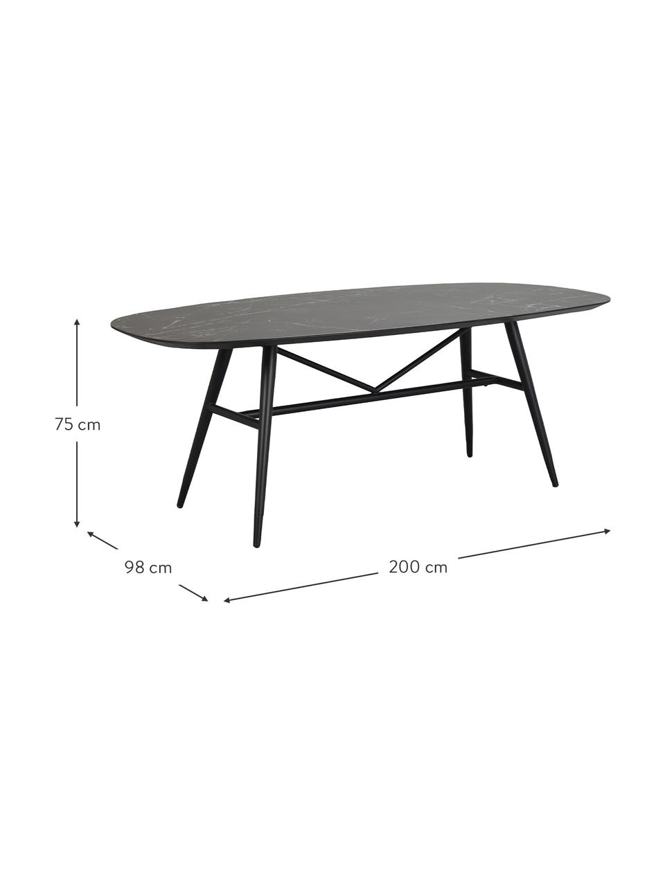 Eettafel Springdale met marmerlook, 200 x 98 cm, Tafelblad: MDF met keramisch oppervl, Poten: gepoedercoat metaal, Zwart, B 200 x D 98 cm