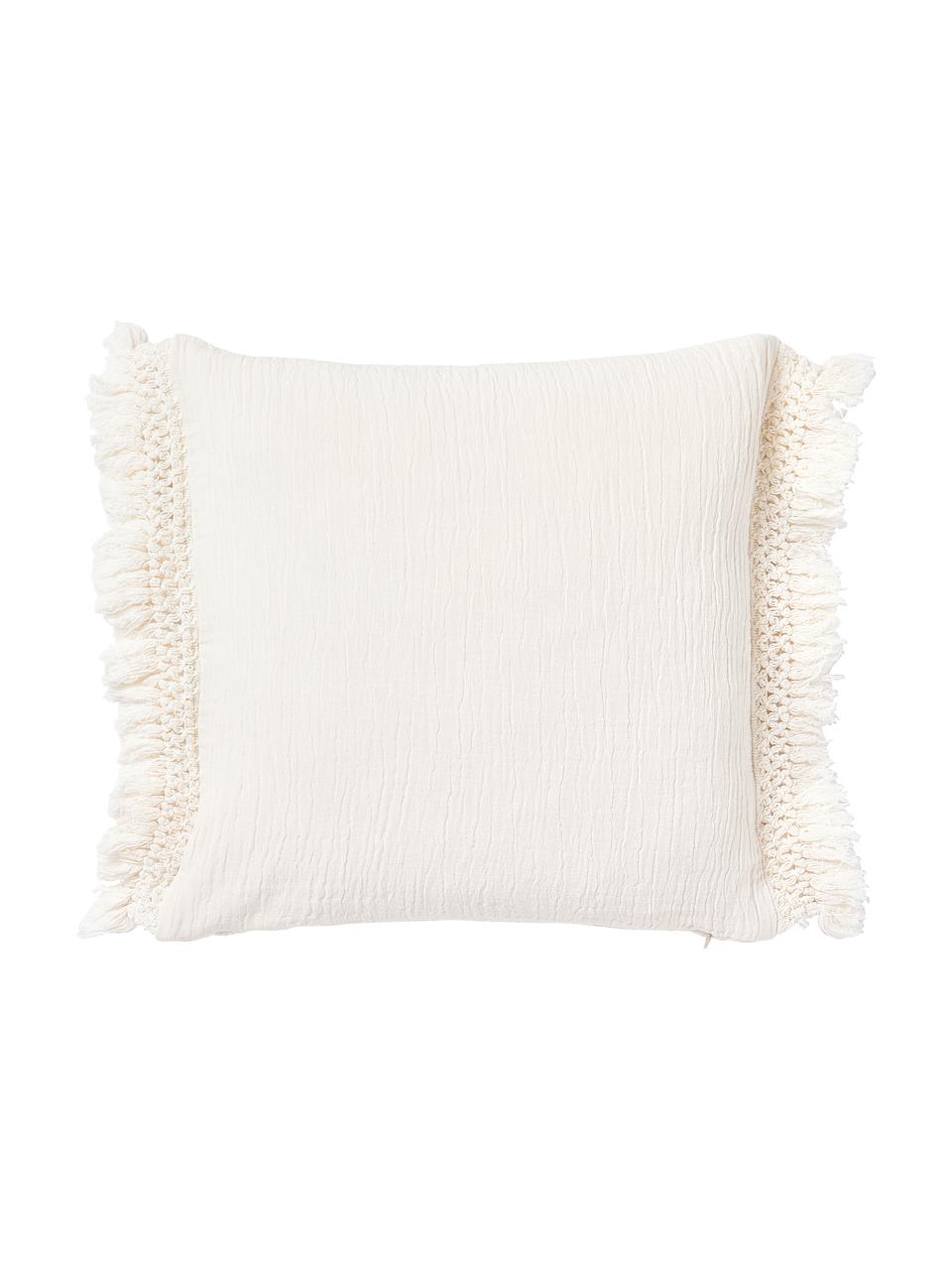 Baumwoll-Kissenhülle Piera mit Fransen, 100 % Baumwolle, Cremeweiß, B 45 x L 45 cm