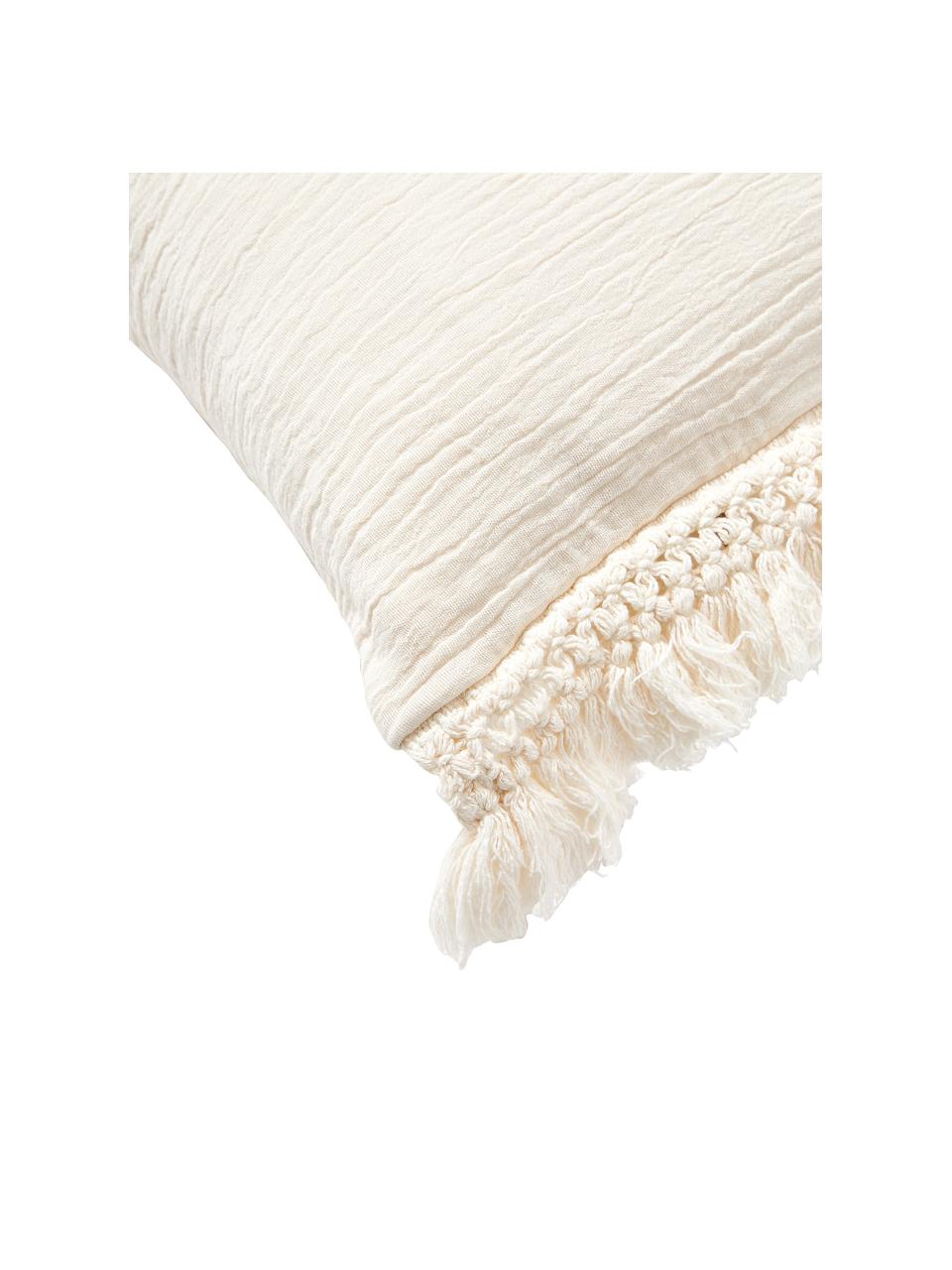 Baumwoll-Kissenhülle Piera mit Fransen, 100 % Baumwolle, Cremeweiß, B 45 x L 45 cm