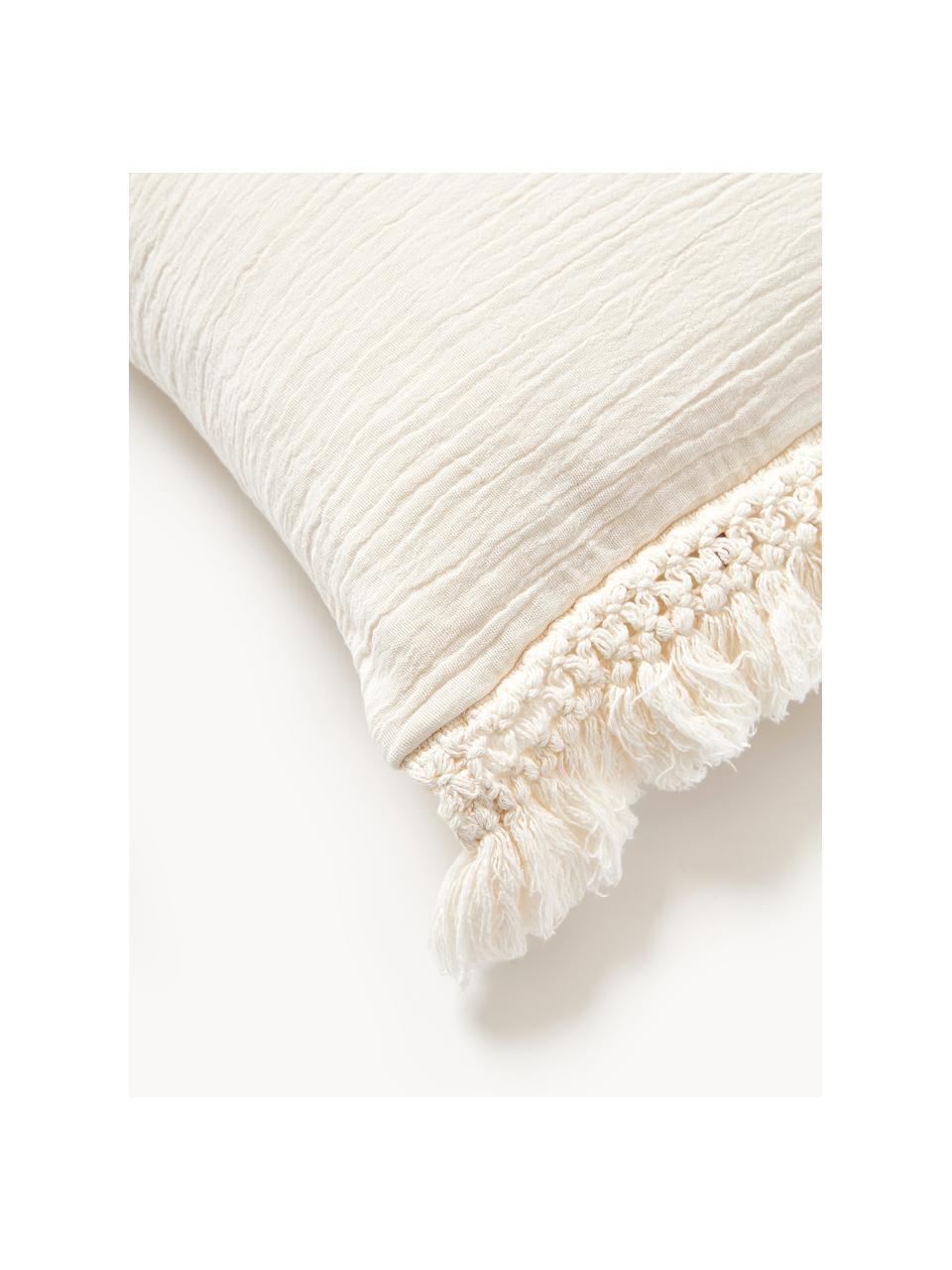 Funda de cojín de algodón con flecos Piera, 100% algodón, Blanco crema, An 45 x L 45 cm