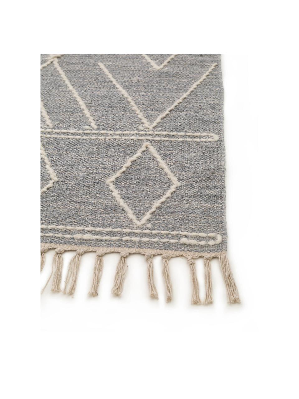 Handgewebter Boho-Teppich Sydney mit Fransen, 60% Baumwolle, 40% Wolle, Hellgrau, Creme, B 160 x L 230 cm (Größe M)