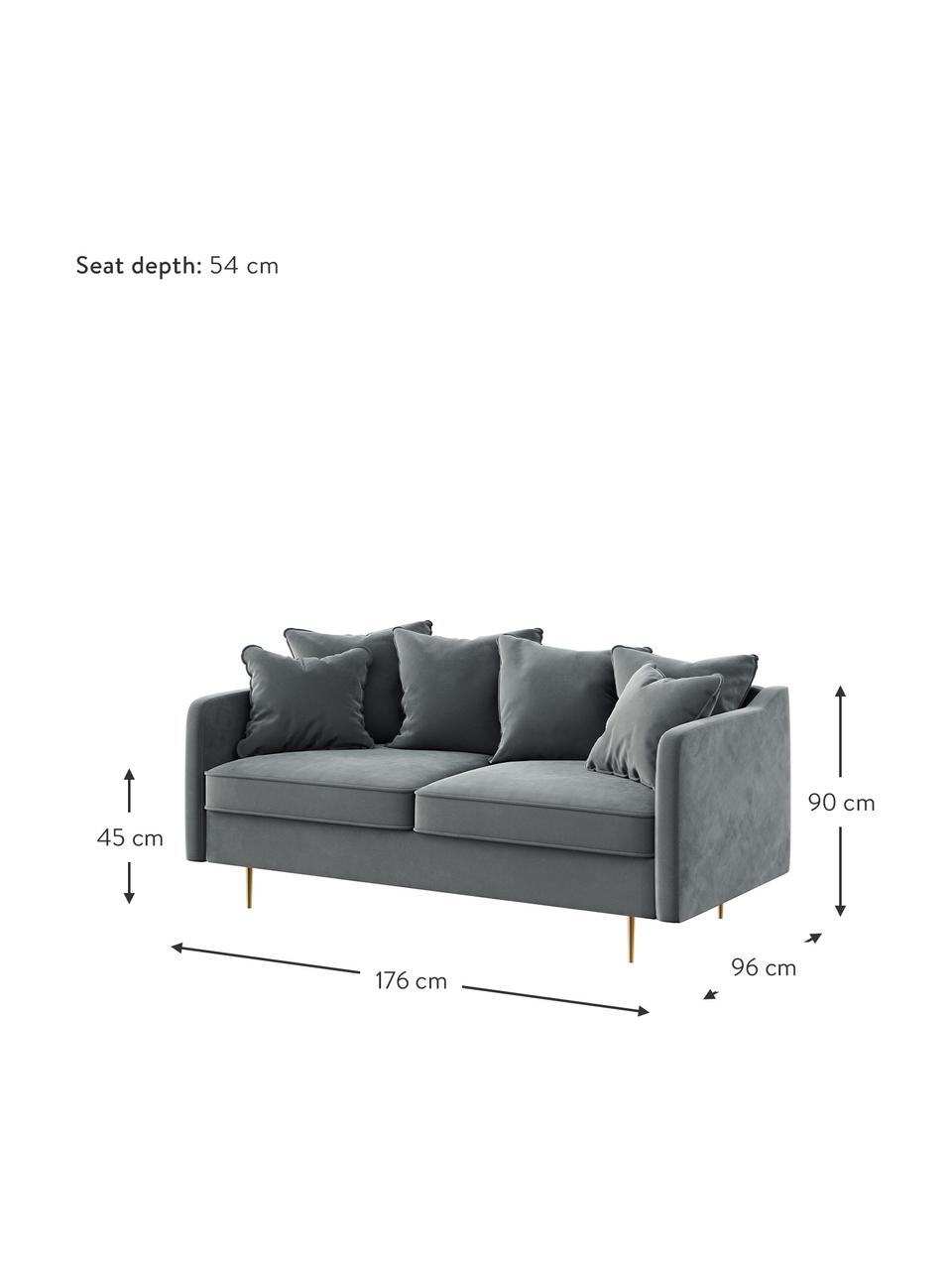 Sofá de terciopelo Esme (2 plazas), Tapizado: 100% poliéster Alta resis, Asiento: muelles ondulados, espuma, Estructura: madera dura, madera bland, Patas: metal recubierto, Terciopelo gris oscuro, patas latón, An 176 x F 96 cm