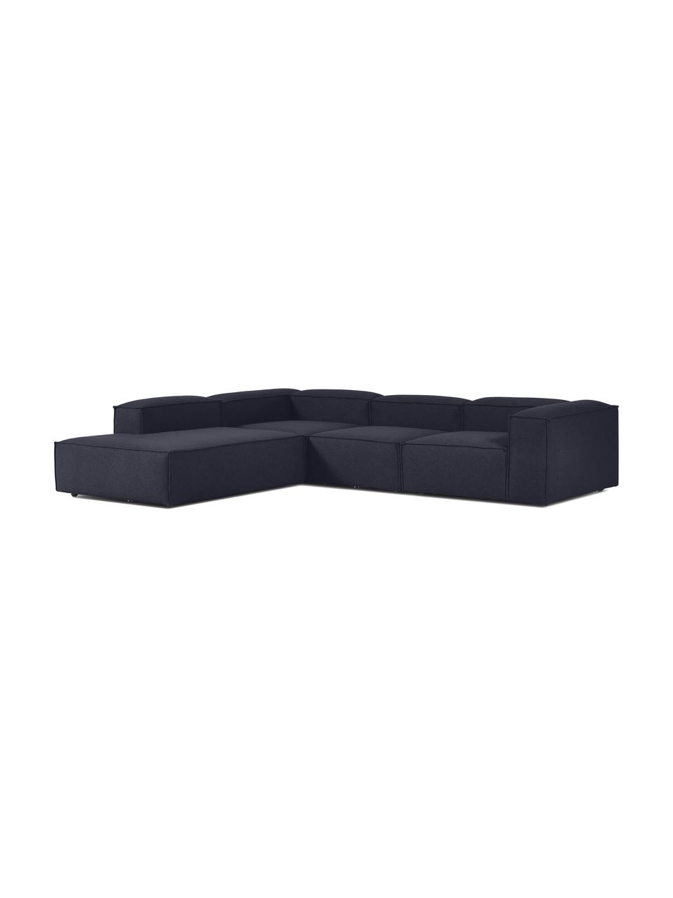 Narożna sofa modułowa XL Lennon, Tapicerka: 100% poliester Dzięki tka, Stelaż: lite drewno, sklejka, Nogi: tworzywo sztuczne, Ciemnoniebieska tkanina, S 329 x W 68 cm, lewostronna
