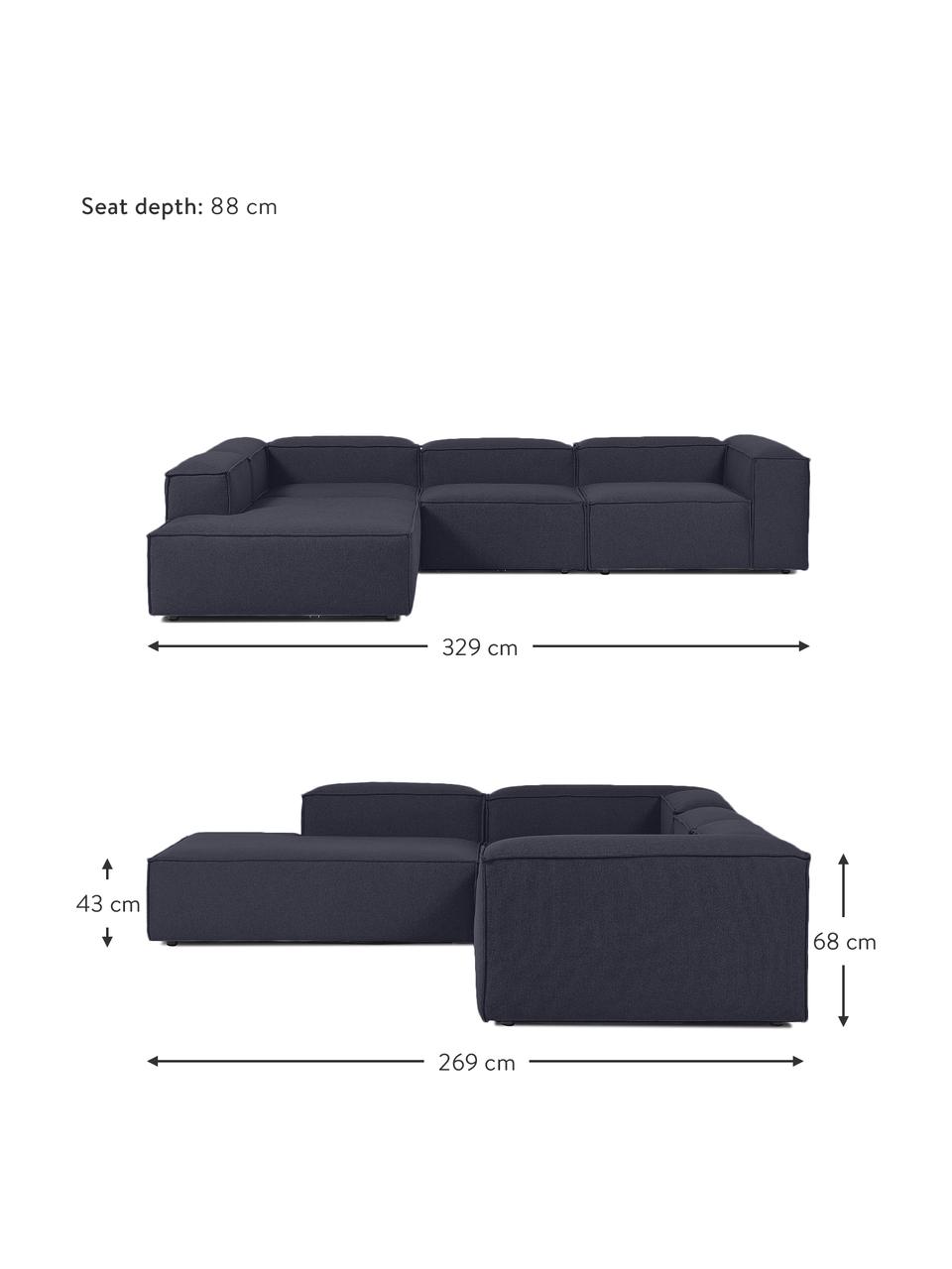 Sofá rinconera modular grande Lennon, Tapizado: 100% poliéster Alta resis, Estructura: madera maciza, madera con, Patas: plástico, Tejido azul oscuro, An 329 x Al 68 cm, chaise longue izquierda