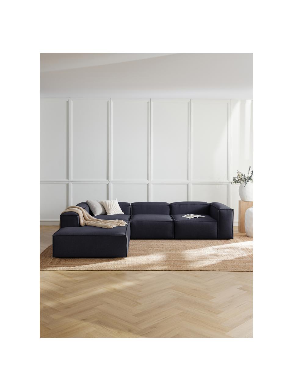 Narożna sofa modułowa XL Lennon, Tapicerka: 100% poliester Dzięki tka, Stelaż: lite drewno, sklejka, Nogi: tworzywo sztuczne, Ciemnoniebieska tkanina, S 329 x W 68 cm, lewostronna