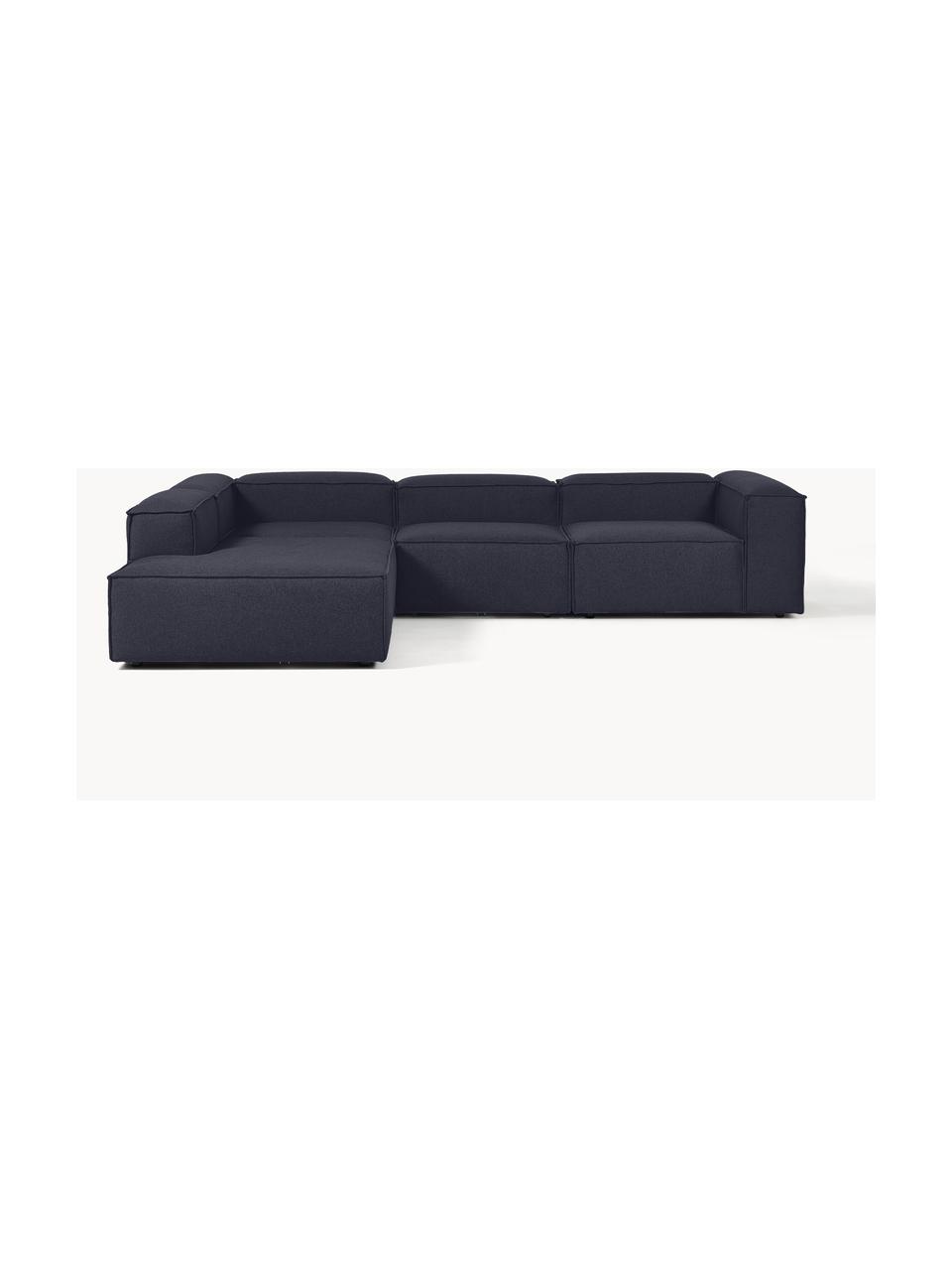 Divano angolare componibile XL Lennon, Rivestimento: 100% poliestere Con 115.0, Struttura: legno di pino massiccio, , Piedini: plastica, Tessuto blu scuro, Larg. 329 x Prof. 269 cm, chaise longue a sinistra