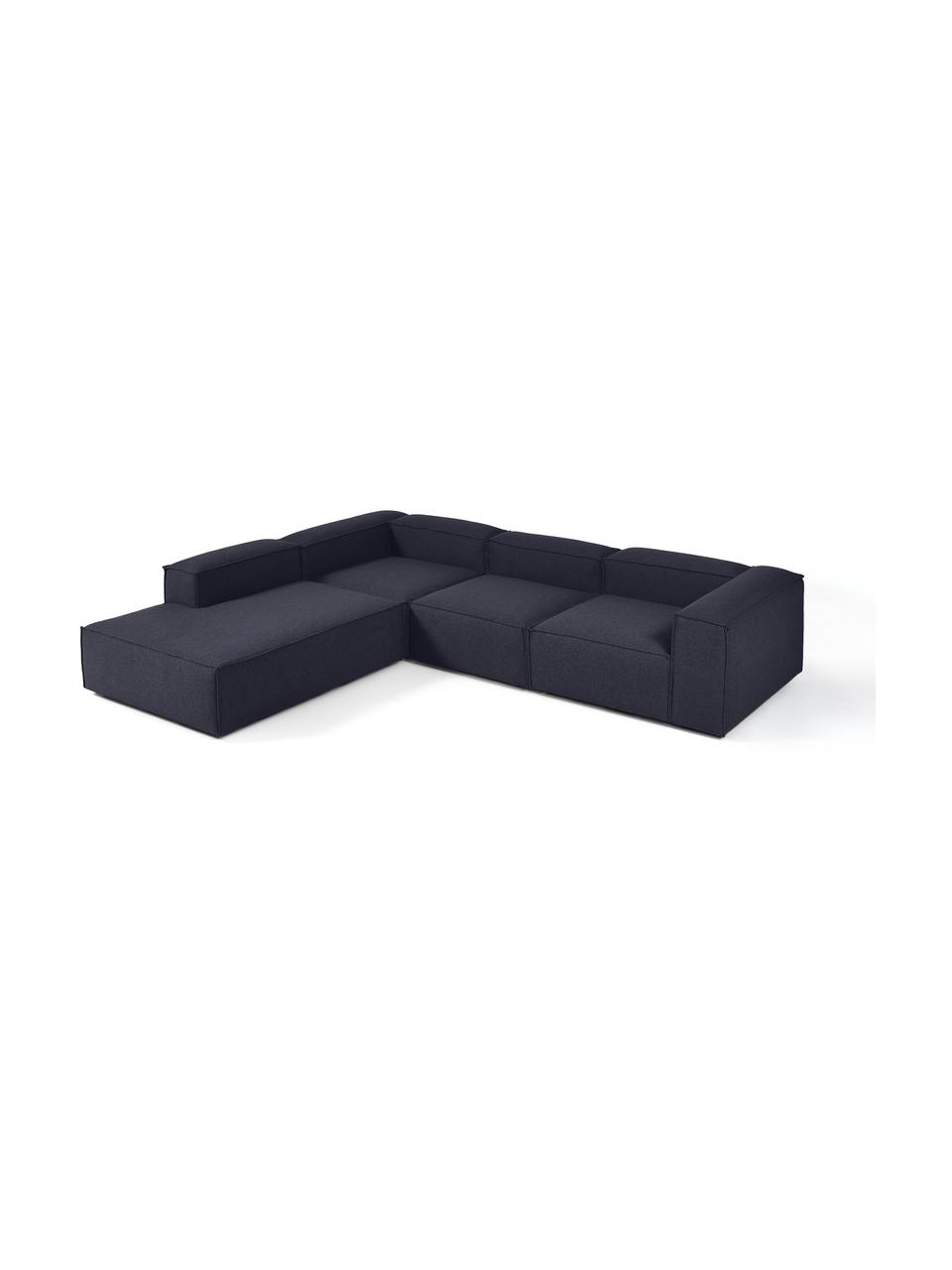 Modulares XL-Ecksofa Lennon, Bezug: 100 % Polyester Der strap, Gestell: Massives Kiefernholz FSC-, Füße: Kunststoff, Webstoff Dunkelblau, B 329 x T 269 cm, Eckteil links