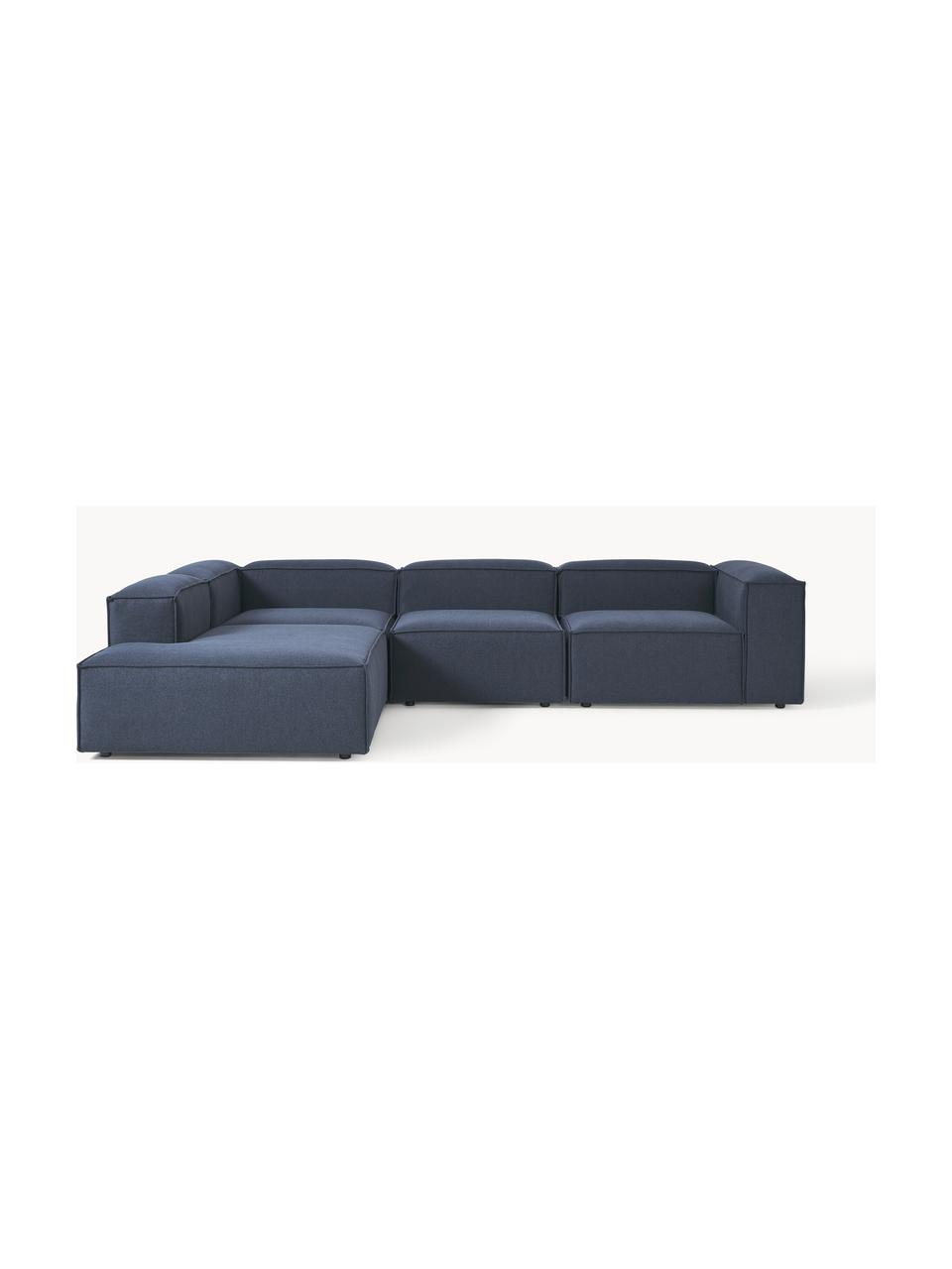 Narożna sofa modułowa XL Lennon, Tapicerka: 100% poliester Dzięki tka, Stelaż: lite drewno sosnowe, skle, Nogi: tworzywo sztuczne Ten pro, Ciemnoniebieska tkanina, S 329 x G 269 cm, lewostronna