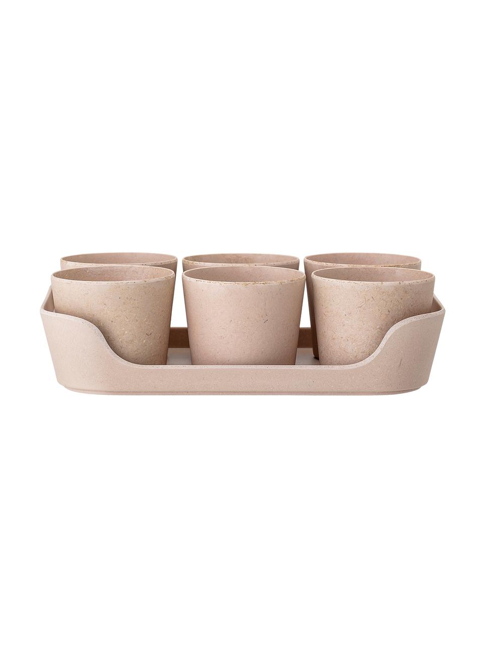 Kleine plantenpottenset Pola van bamboehout, 7-delig, Bamboe, polyresin, Beige, Set met verschillende formaten