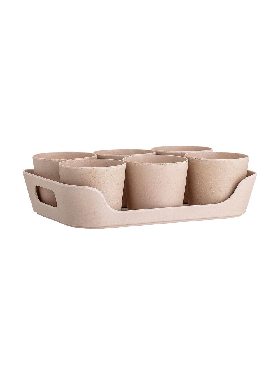 Kleine plantenpottenset Pola van bamboehout, 7-delig, Bamboe, polyresin, Beige, Set met verschillende formaten