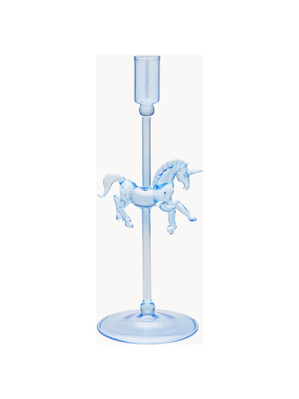 Mundgeblasener Kerzenhalter Pegasus aus Borosilikatglas, Borosilikatglas, mundgeblasen, Hellblau, transparent, Ø 10 x H 27 cm