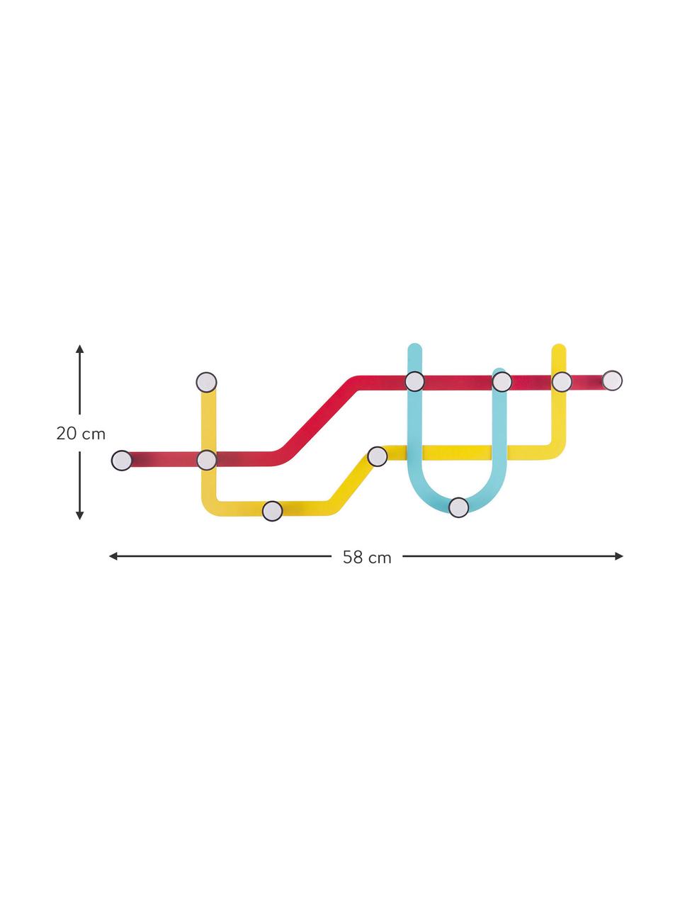 Perchero de pared de diseño Subway, Rojo, amarillo, azul claro, An 58 x Al 20 cm