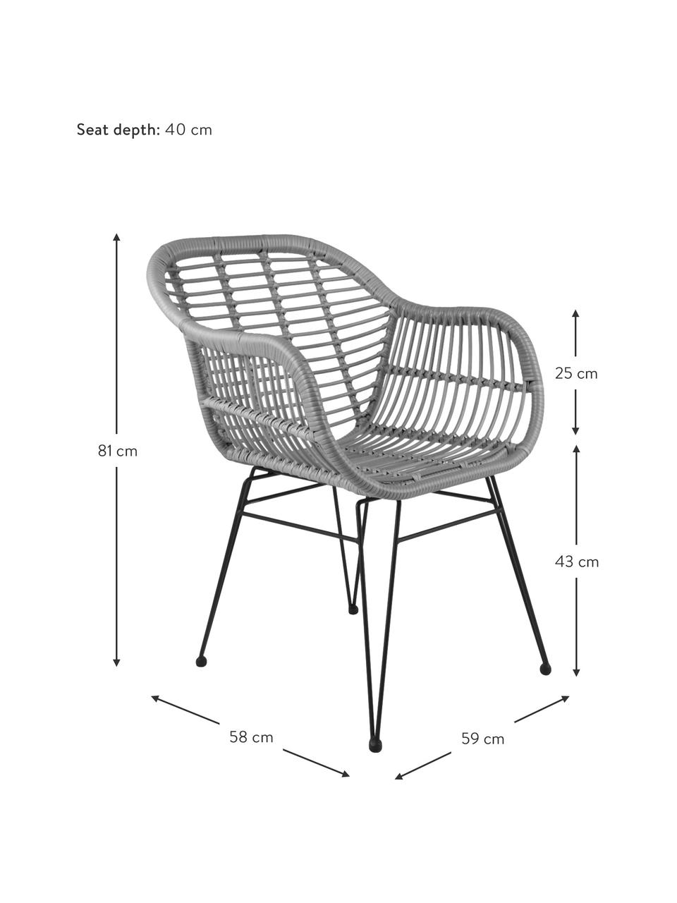 Polyrotan armstoelen Costa, 2 stuks, Zitvlak: polyethyleen vlechtwerk, Frame: gepoedercoat metaal, Grijs, zwart, B 59 x D 58 cm