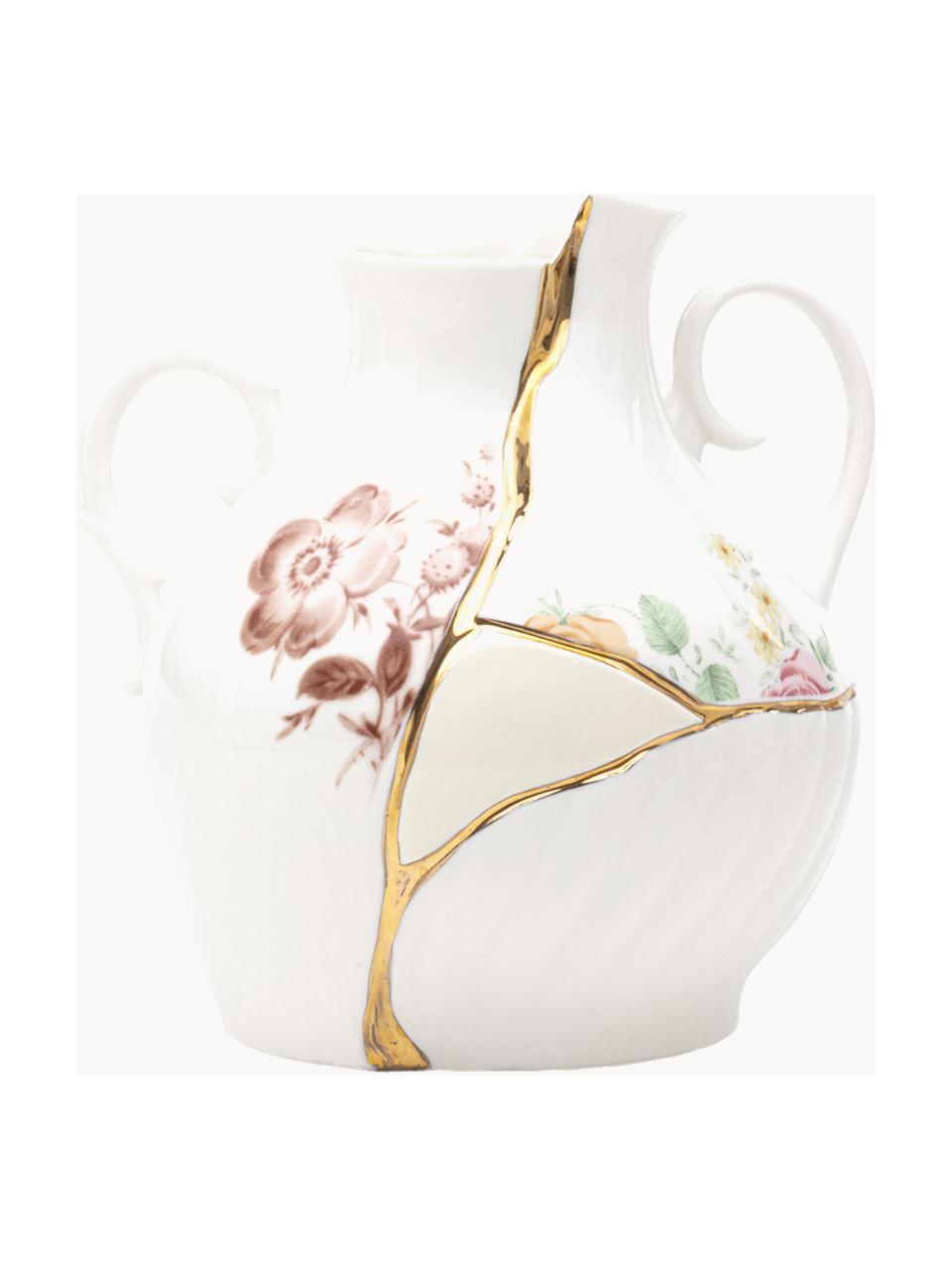 Vase Kintsugi aus Fine Bone China, H 19 cm, Vase: FIne Bone China, Dekor: 24-Karat Gold, Weiss glänzend, Mehrfarbig, B 18 x H 19 cm