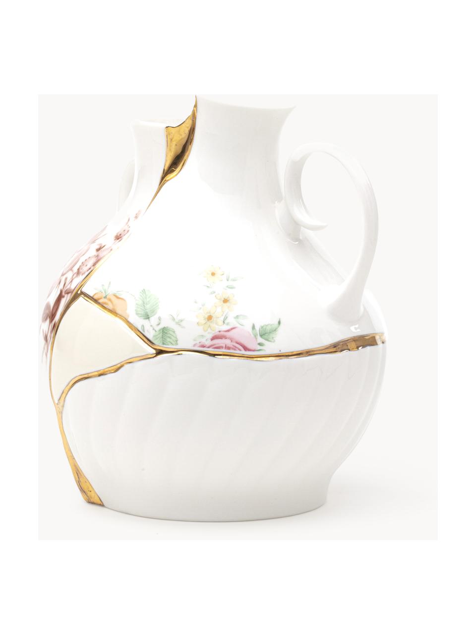 Vase Kintsugi aus Fine Bone China, H 19 cm, Vase: FIne Bone China, Dekor: 24-Karat Gold, Weiss glänzend, Mehrfarbig, B 18 x H 19 cm