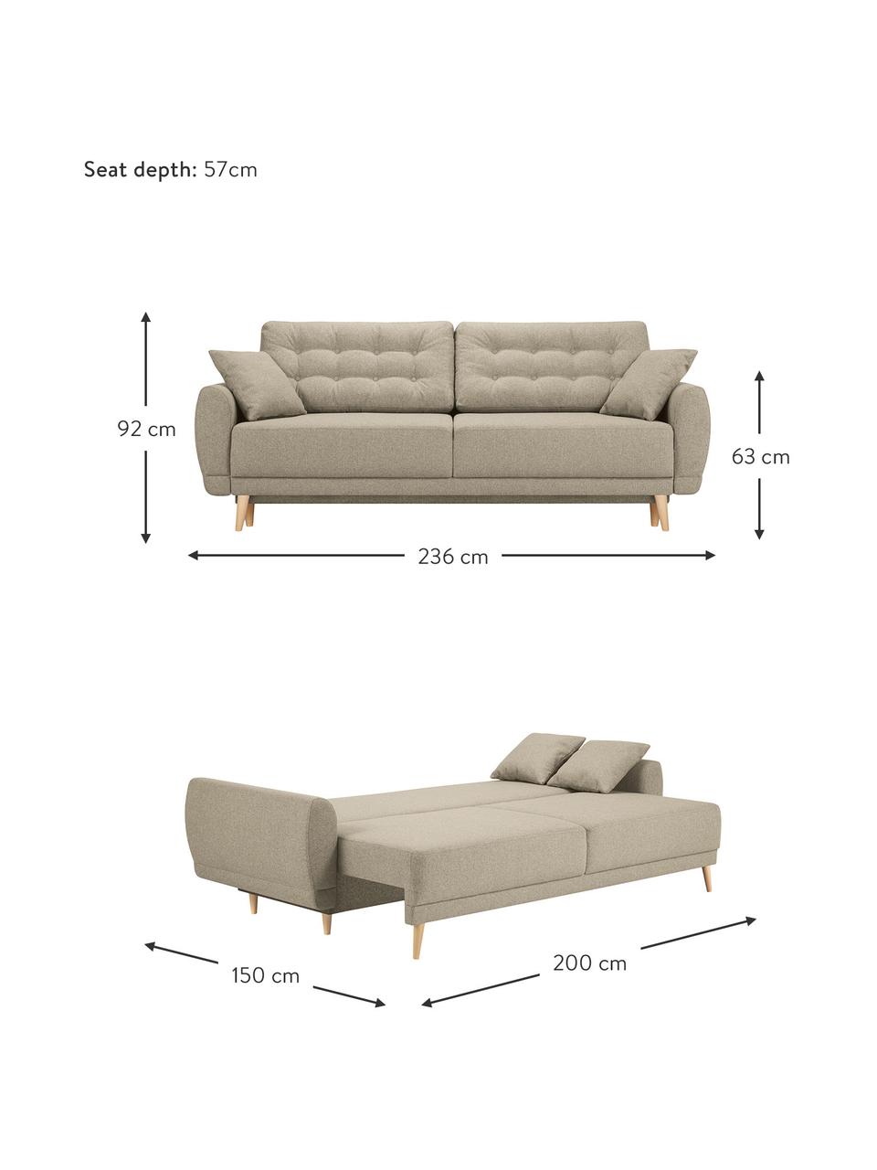 Divano letto 3 posti in tessuto beige Spinel, Beige scuro, Larg. 236 x Prof. 93 cm