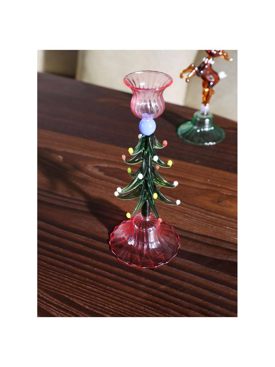 Candelabro in vetro soffiato Merry Tree, Vetro soffiato, Rosa chiaro, verde, multicolore, Ø 8 x Alt. 20 cm