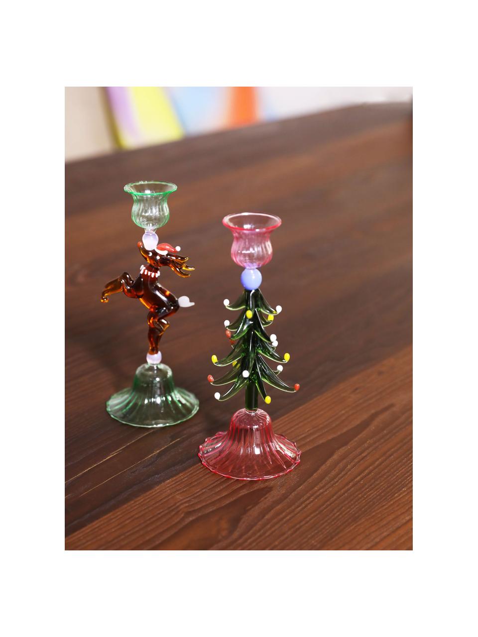 Candelabro in vetro soffiato Merry Tree, Vetro soffiato, Rosa chiaro, verde, multicolore, Ø 8 x Alt. 20 cm