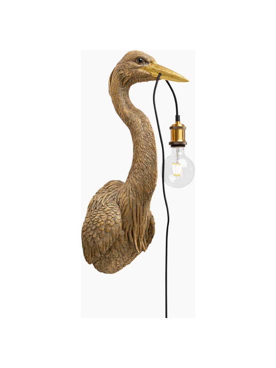 Aplique artesanal grande Heron, con enchufe, Lámpara: poliresina, Cable: cubierto en tela, Dorado, F 26 x Al 62 cm