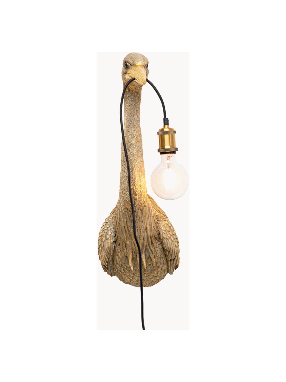 Grote handgemaakte wandlamp Heron met stekker, Lamp: polyresin, Fitting: gecoat metaal, Goudkleurig, D 26 x H 62 cm