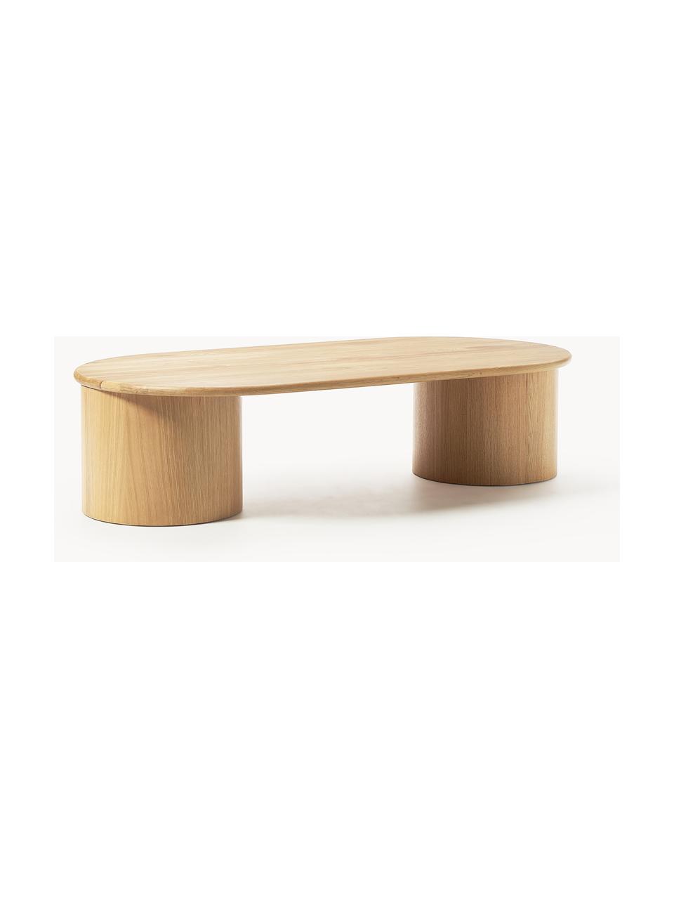 Mesa de centro ovalada de madera de roble Didi, Madera de roble maciza barnizada

Este producto está hecho de madera de origen sostenible y con certificación FSC®., Madera de roble barnizada, An 140 x F 70 cm